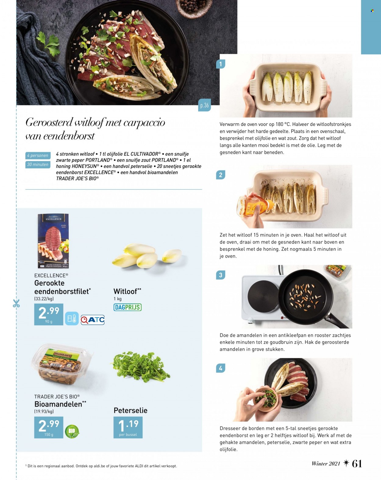 thumbnail - ALDI-aanbieding -  producten in de aanbieding - peterselie, carpaccio, zwarte peper, olijfolie, geroosterde amandelen, amandelen. Pagina 61.