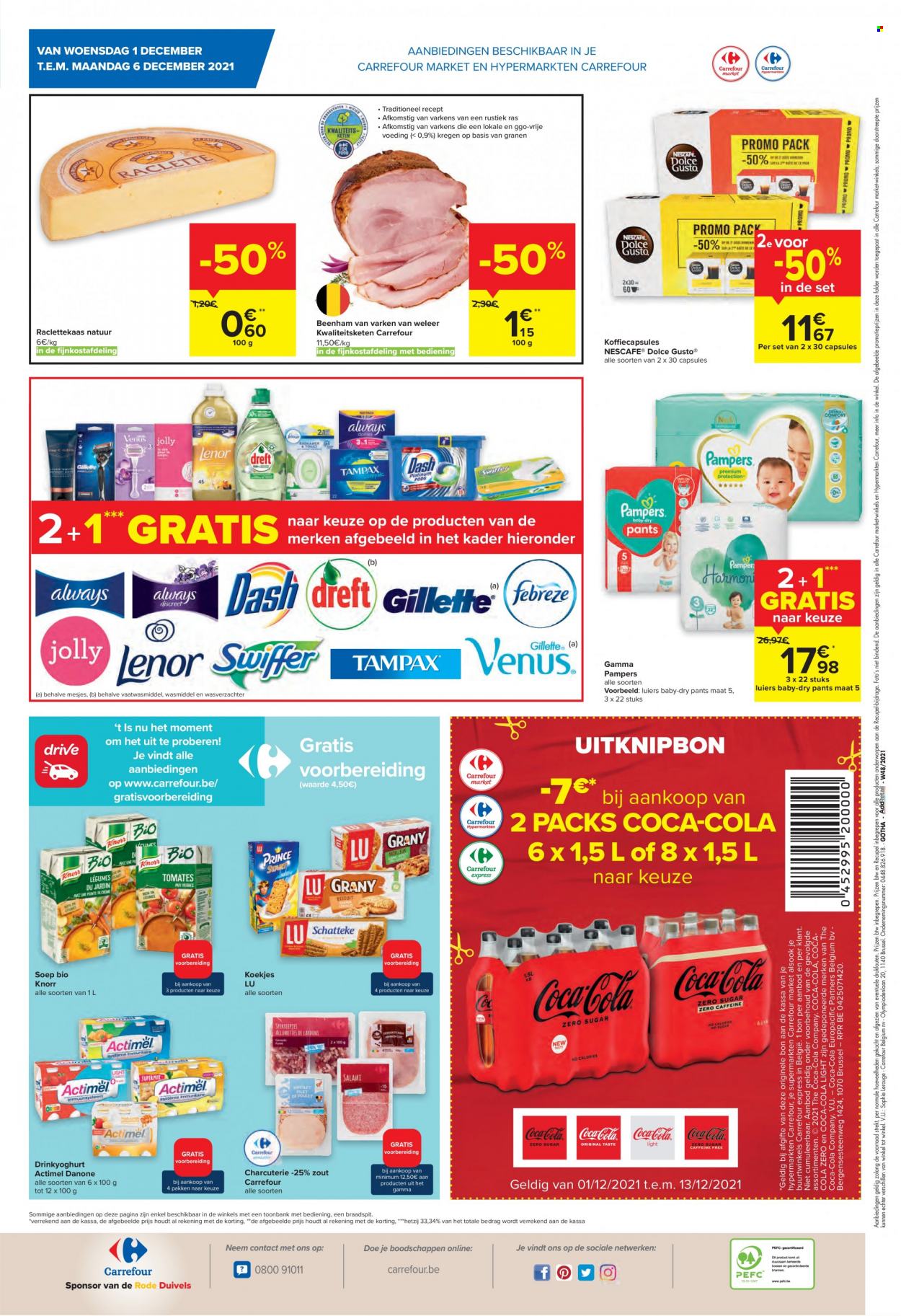 thumbnail - Carrefour-aanbieding - 01/12/2021 - 06/12/2021 -  producten in de aanbieding - Knorr, beenham, Danone, koekjes, Coca-Cola, Dolce Gusto, luiers, Pampers, wasmiddel, Gamma, foto. Pagina 6.