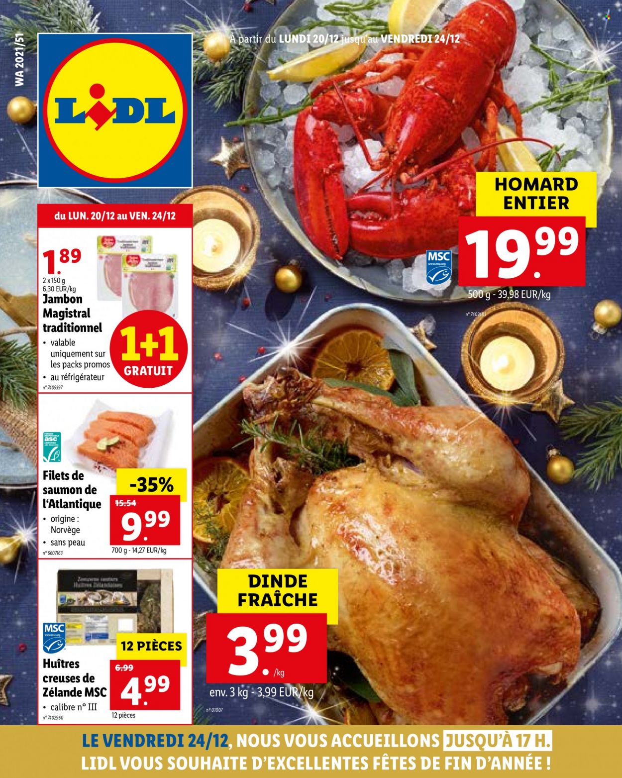 thumbnail - Catalogue Lidl - 20/12/2021 - 24/12/2021 - Produits soldés - saumon, huître, jambon. Page 1.