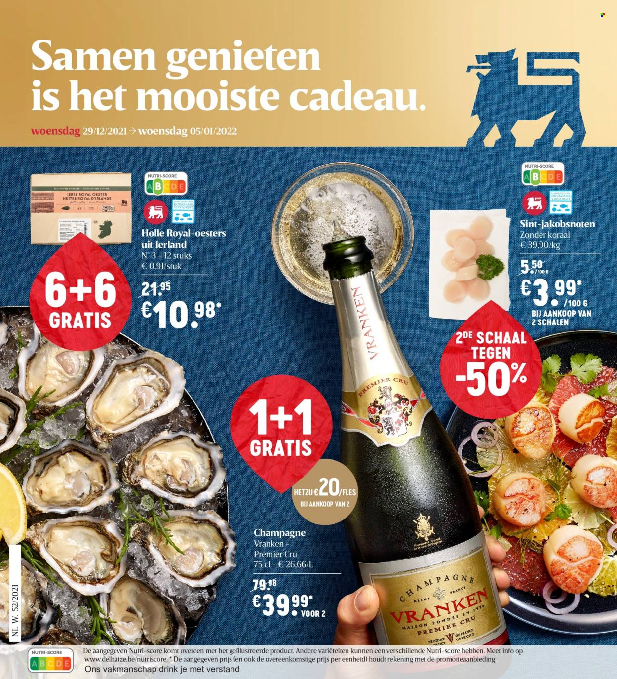 thumbnail - Delhaize-aanbieding - 29/12/2021 - 05/01/2022 -  producten in de aanbieding - oesters, champagne. Pagina 1.