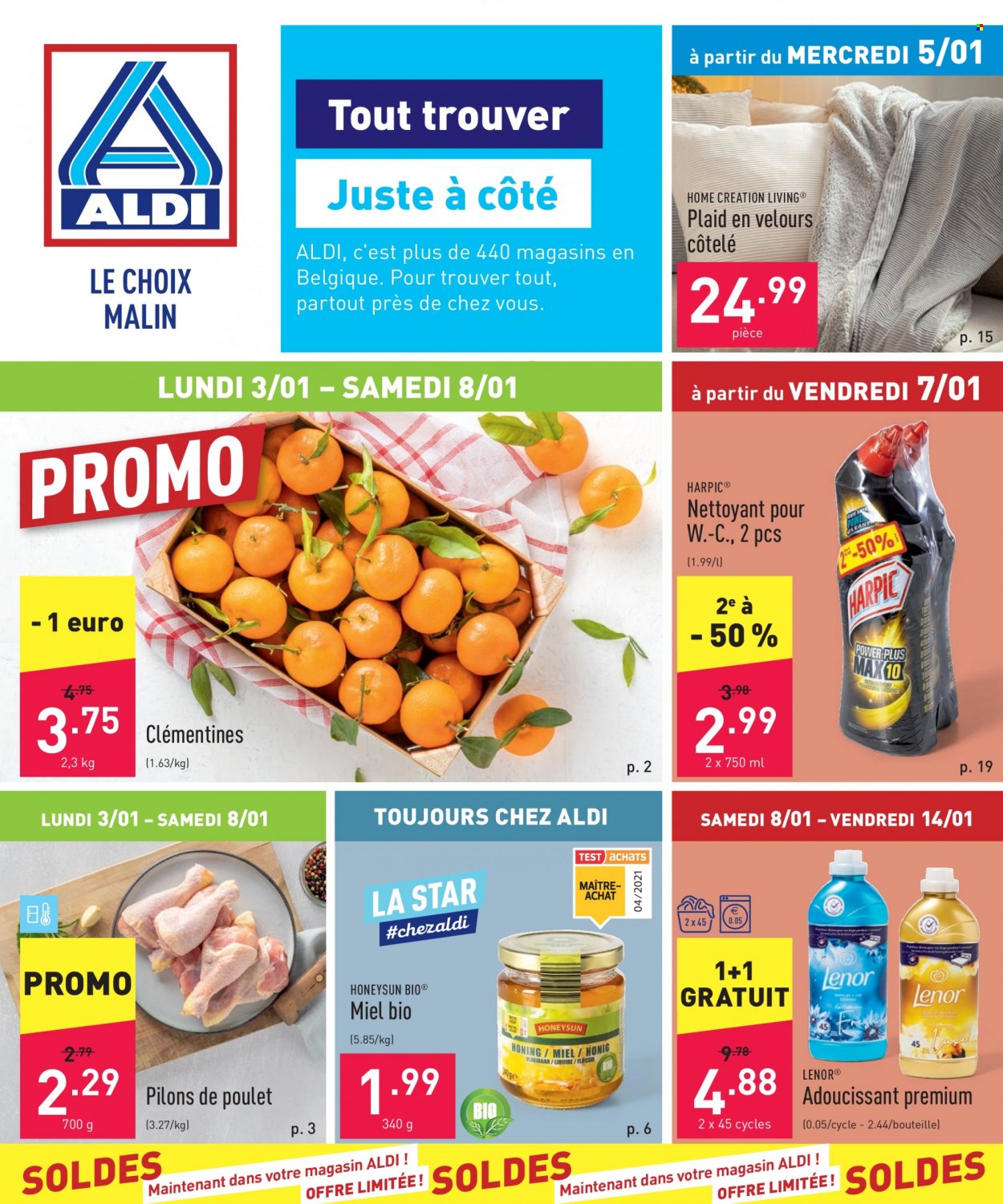thumbnail - Catalogue ALDI - 03/01/2022 - 14/01/2022 - Produits soldés - clémentines, viande de poulet, pilons de poulet, miel, assouplissant, plaid, Lenor. Page 1.