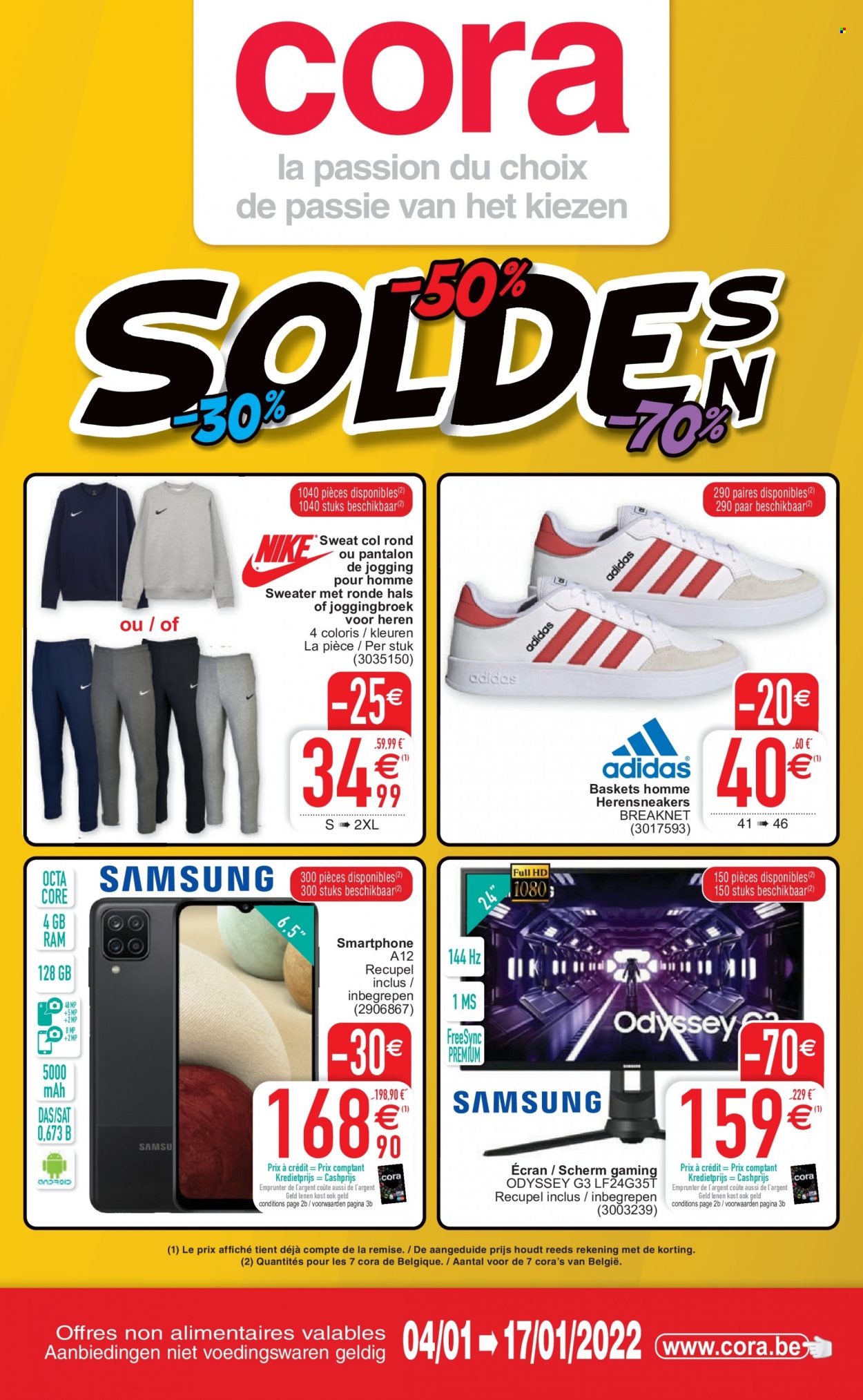 thumbnail - Catalogue Cora - 04/01/2022 - 17/01/2022 - Produits soldés - basket, smartphone, pantalon, pull, sweat-shirt. Page 1.