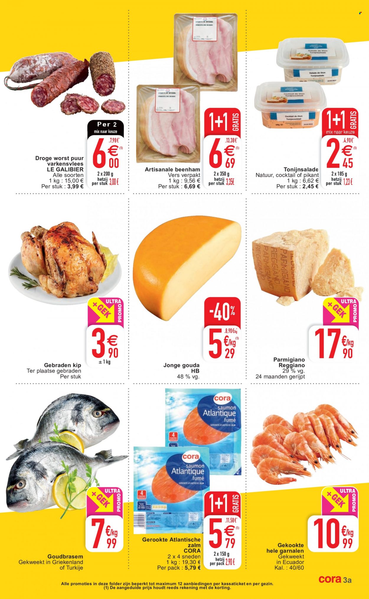 thumbnail - Cora-aanbieding - 11/01/2022 - 17/01/2022 -  producten in de aanbieding - varkensvlees, zalm, garnalen, beenham, tonijnsalade, gouda. Pagina 3.