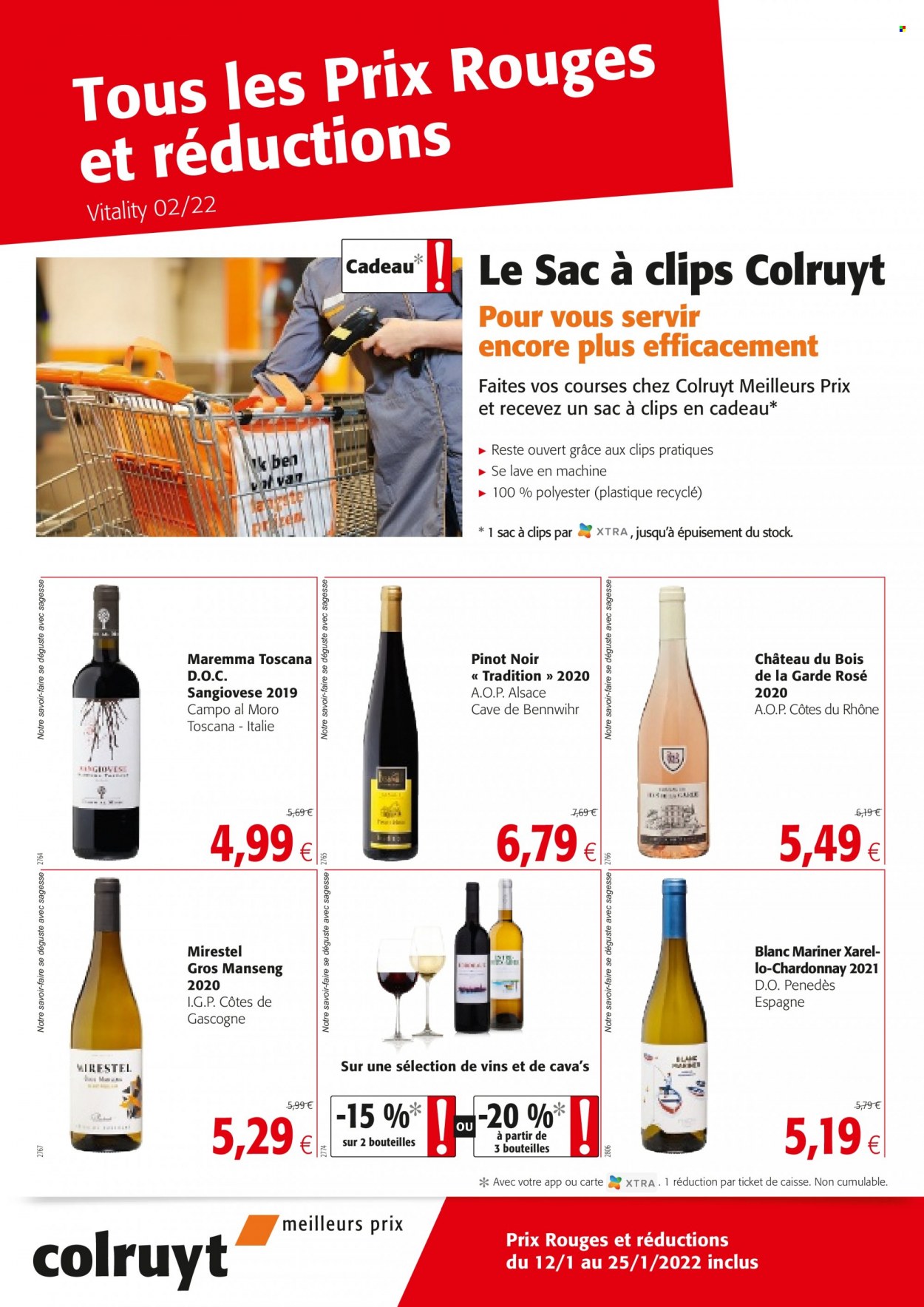 thumbnail - Colruyt-aanbieding - 12/01/2022 - 25/01/2022 -  producten in de aanbieding - Cava, Chardonnay, Pinot Noir, Côtes de Gascogne, Côtes du Rhône. Pagina 1.