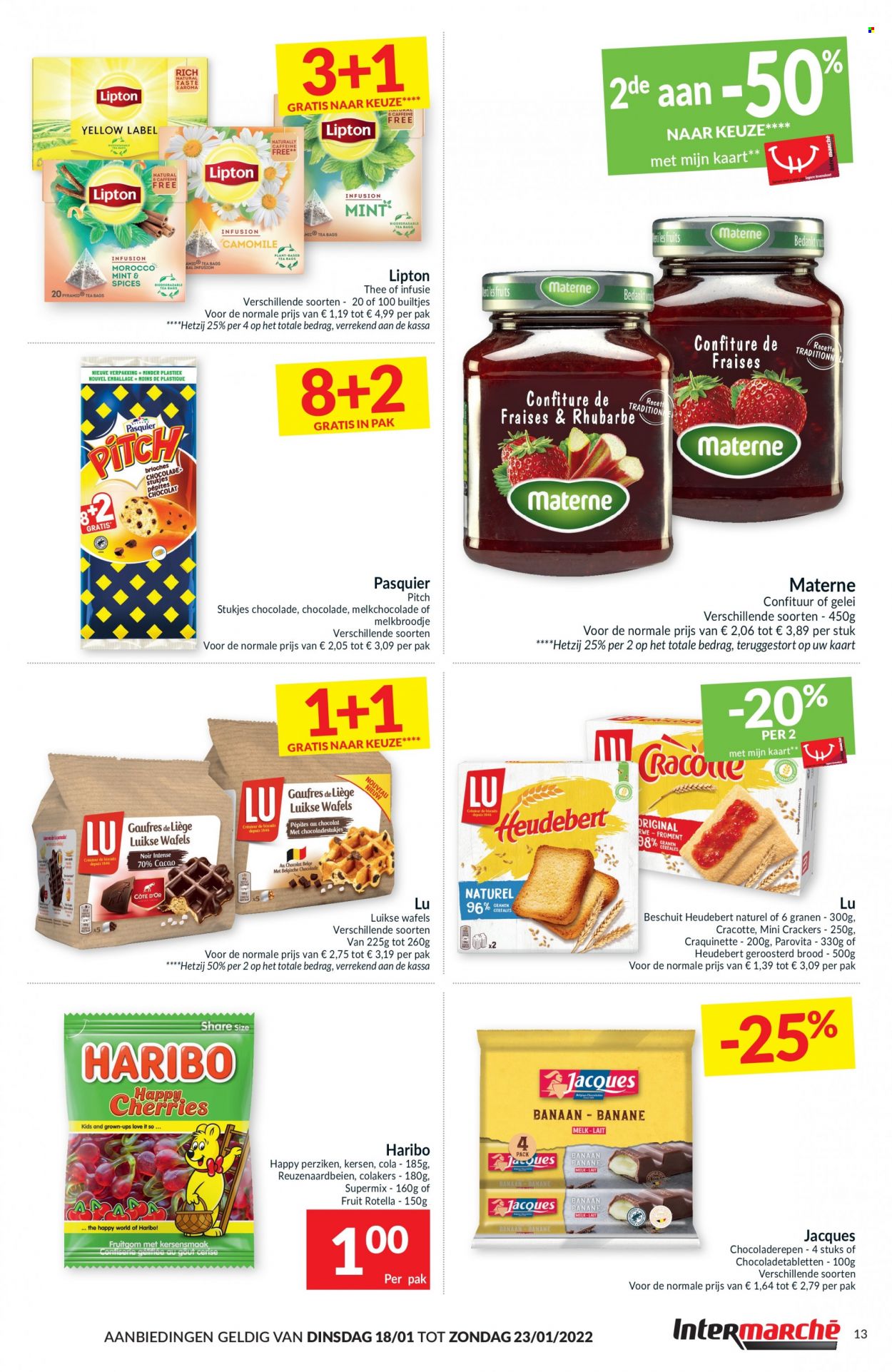 thumbnail - Intermarché-aanbieding - 18/01/2022 - 23/01/2022 -  producten in de aanbieding - brood, kersen, chocolade, melkchocolade, crackers, Lipton. Pagina 13.