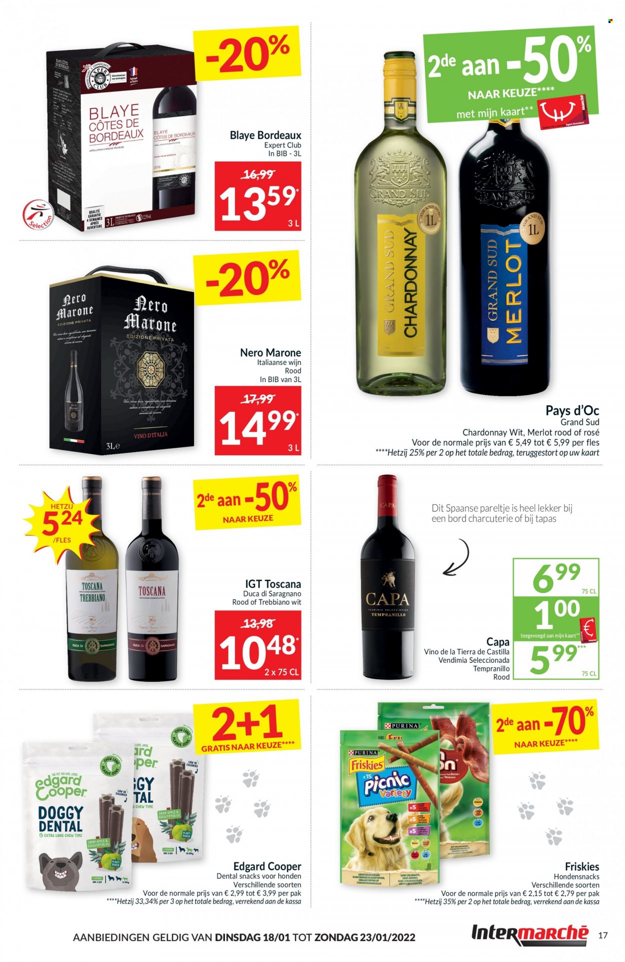thumbnail - Intermarché-aanbieding - 18/01/2022 - 23/01/2022 -  producten in de aanbieding - tapas, Chardonnay, Merlot, wijn, Friskies. Pagina 17.