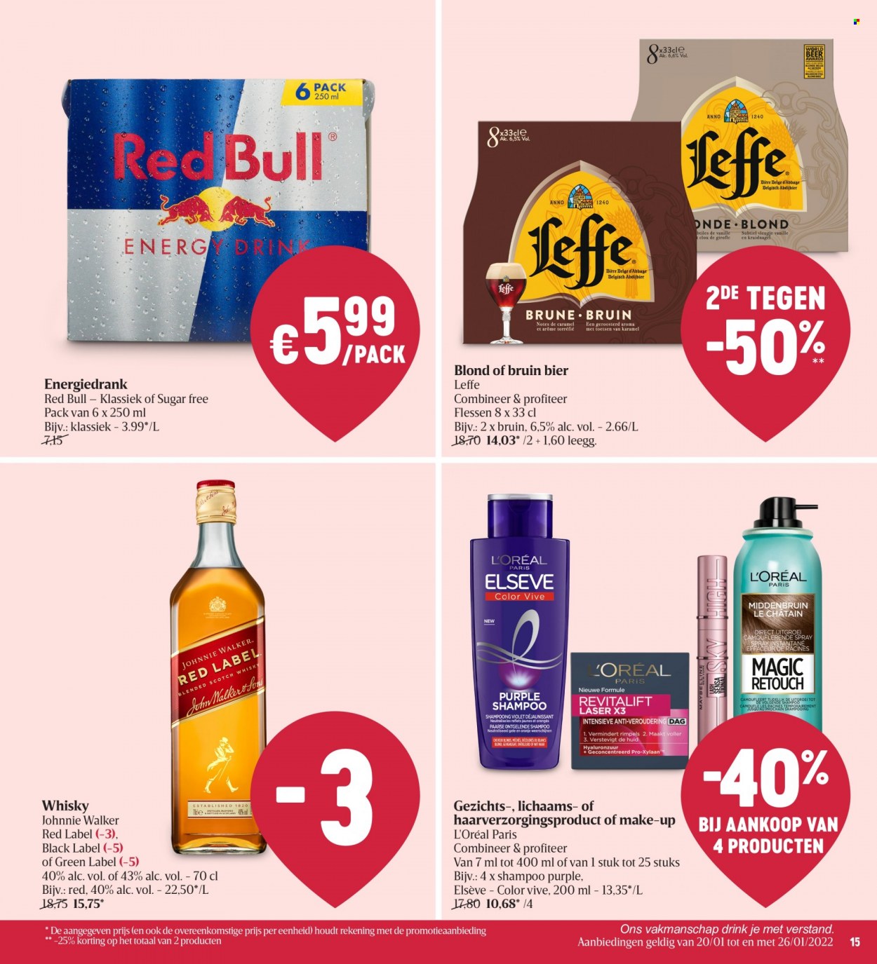 thumbnail - Delhaize-aanbieding - 20/01/2022 - 26/01/2022 -  producten in de aanbieding - L’oréal, make-up, Leffe, bier, Red Bull, whisky, shampoo, Elseve. Pagina 15.