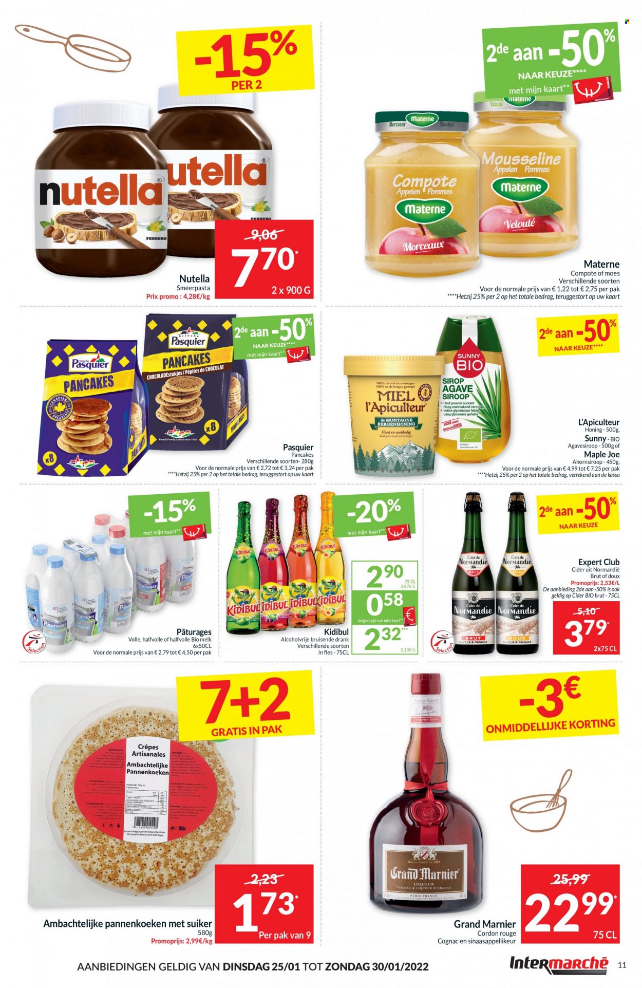 thumbnail - Intermarché-aanbieding - 25/01/2022 - 30/01/2022 -  producten in de aanbieding - melk, Nutella, suiker, agavesiroop, ahornsiroop, cider, cognac, Grand Marnier. Pagina 11.