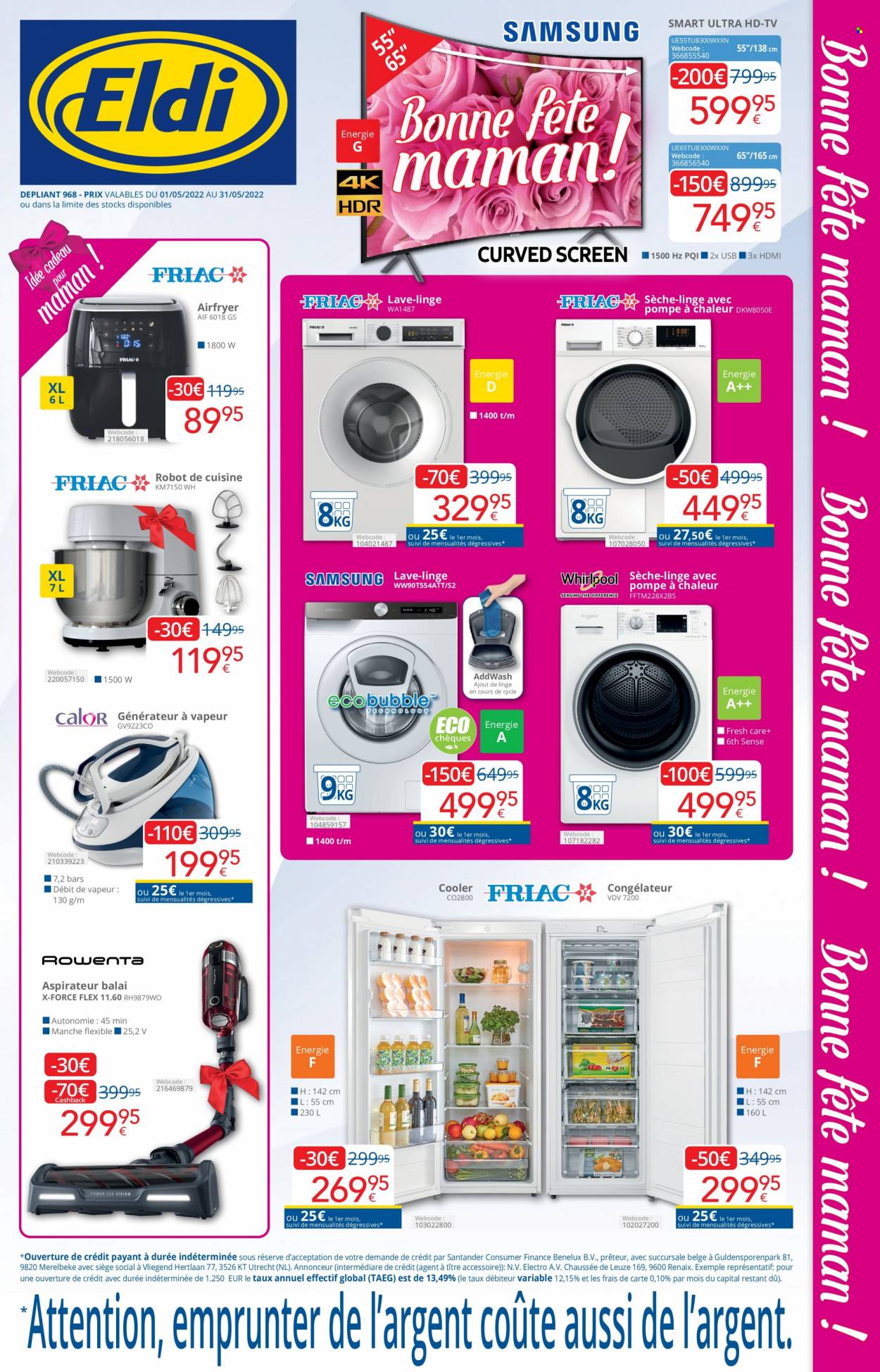 thumbnail - Catalogue Eldi - 01/05/2022 - 31/05/2022 - Produits soldés - sèche-linge, téléviseur, congélateur, lave linge, aspirateur, aspirateur balai, robot de cuisine. Page 1.