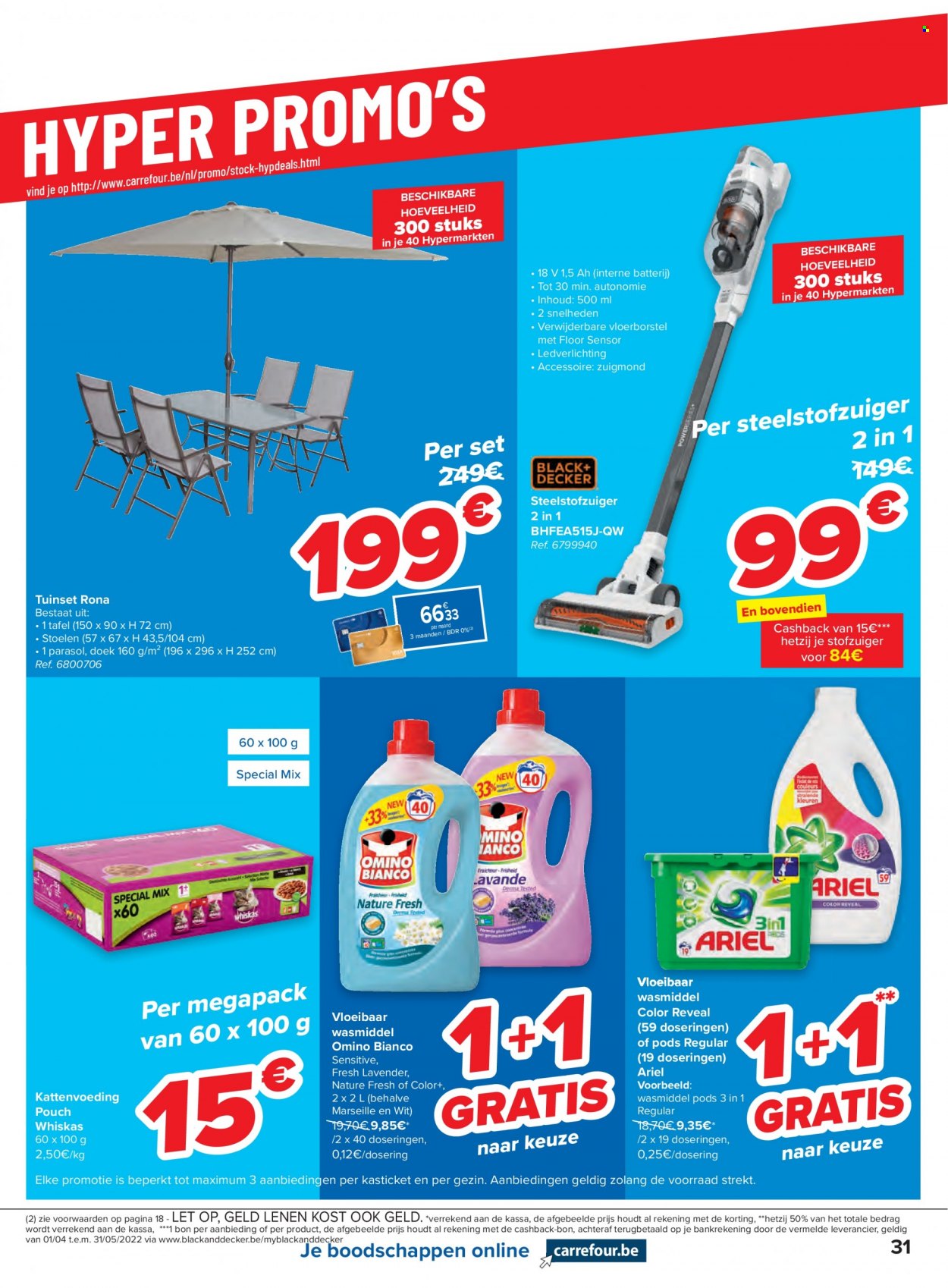 thumbnail - Carrefour hypermarkt-aanbieding - 11/05/2022 - 23/05/2022 -  producten in de aanbieding - wasmiddel, Ariel, Whiskas, stofzuiger, steelstofzuiger, tuinset, parasol. Pagina 31.