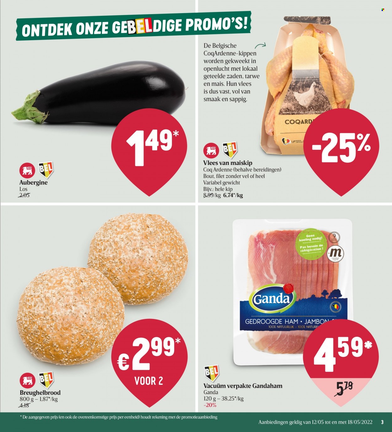 thumbnail - Delhaize-aanbieding - 12/05/2022 - 18/05/2022 -  producten in de aanbieding - aubergine, maïskip, ham, gedroogde ham, maïs. Pagina 3.