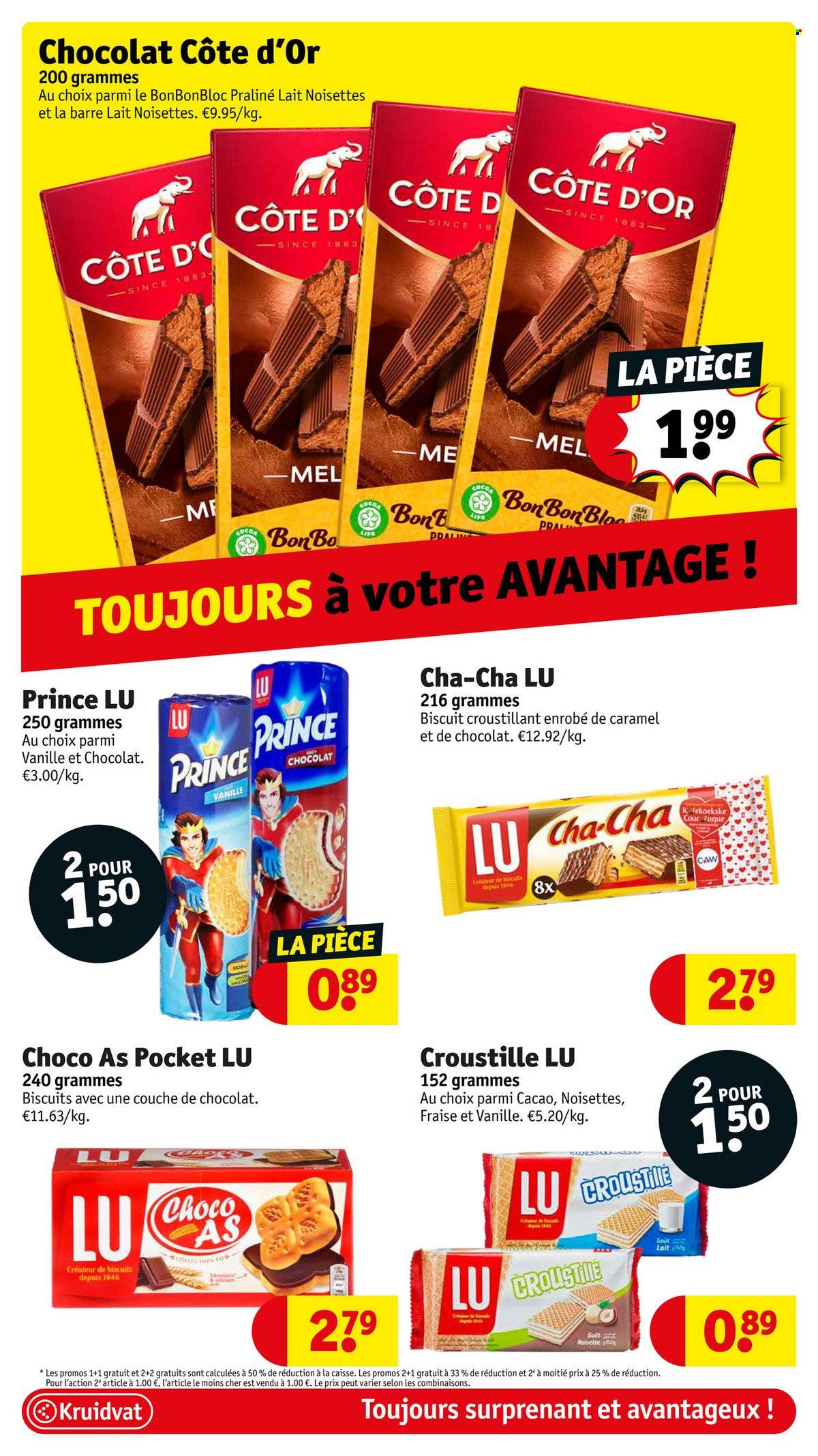 Catalogue Kruidvat - 10.5.2022 - 22.5.2022 - Produits soldés - biscuits, pralinés, Côte d'Or, Prince Lu, LU. Page 58.