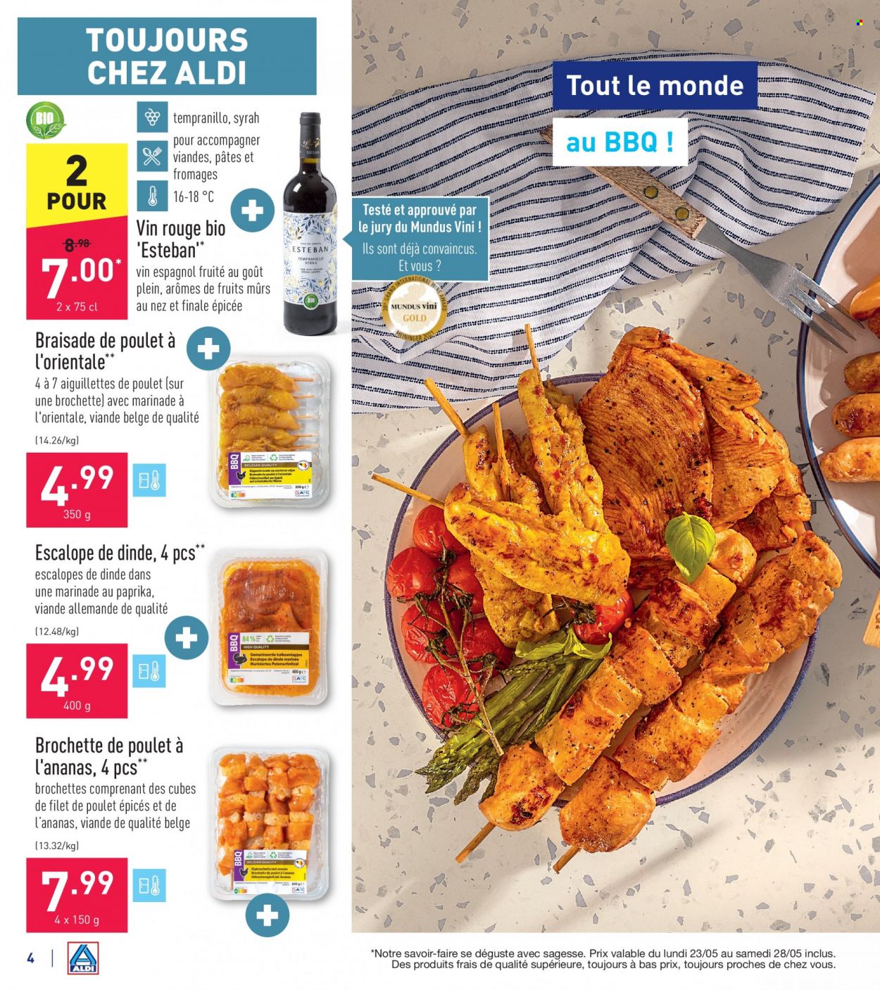 thumbnail - Catalogue ALDI - 23/05/2022 - 28/05/2022 - Produits soldés - escalope, filet de poulet, viande de dinde, escalope de dinde, escalope de poulet, vin rouge, vin. Page 4.