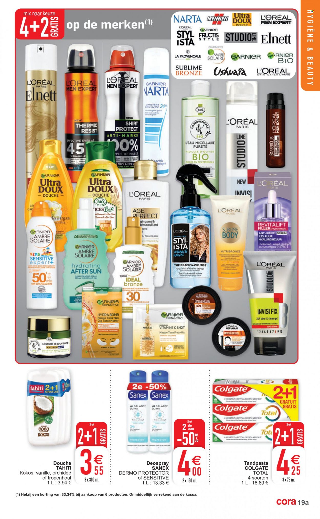 thumbnail - Cora-aanbieding - 17/05/2022 - 23/05/2022 -  producten in de aanbieding - L’oréal, Garnier, Sanex, tandpasta, Colgate, anti-rimpel serum, deospray, shirt, vitamine. Pagina 19.