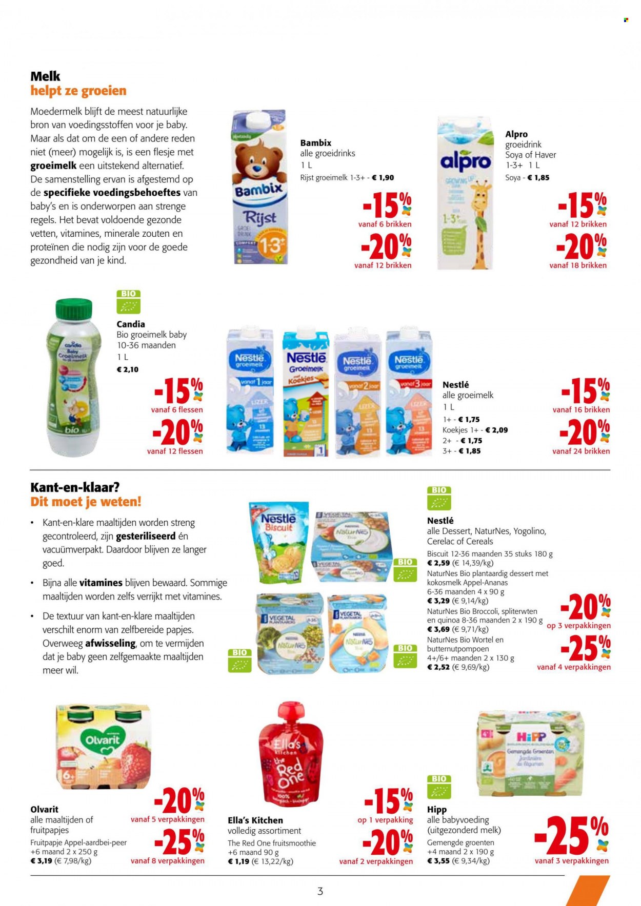 thumbnail - Colruyt-aanbieding - 18/05/2022 - 31/05/2022 -  producten in de aanbieding - spliterwten, broccoli, peer, ananas, kokosmelk, melk, koekjes, Nestlé, rijst, quinoa, Moët & Chandon, Ella’s kitchen, HiPP, vitamine. Pagina 3.