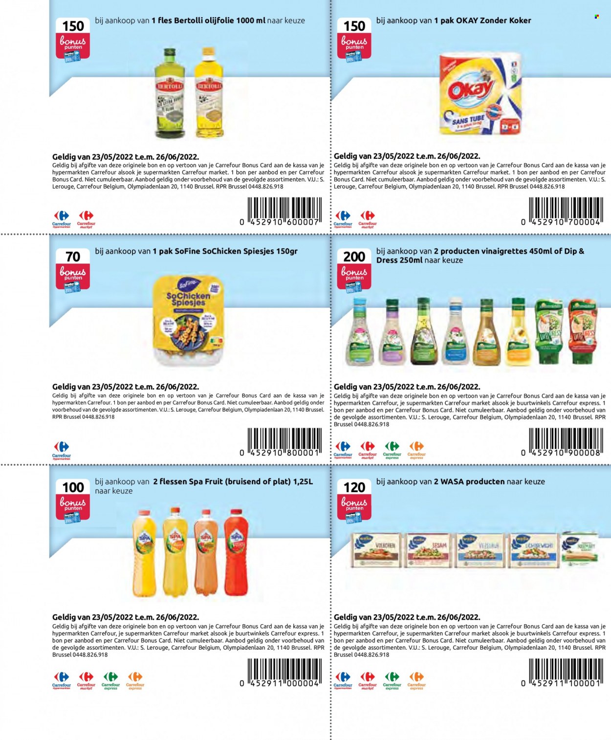 Carrefour-aanbieding - 24.5.2022 - 29.6.2022 -  producten in de aanbieding - Wasa, Bertolli, olijfolie. Pagina 72.
