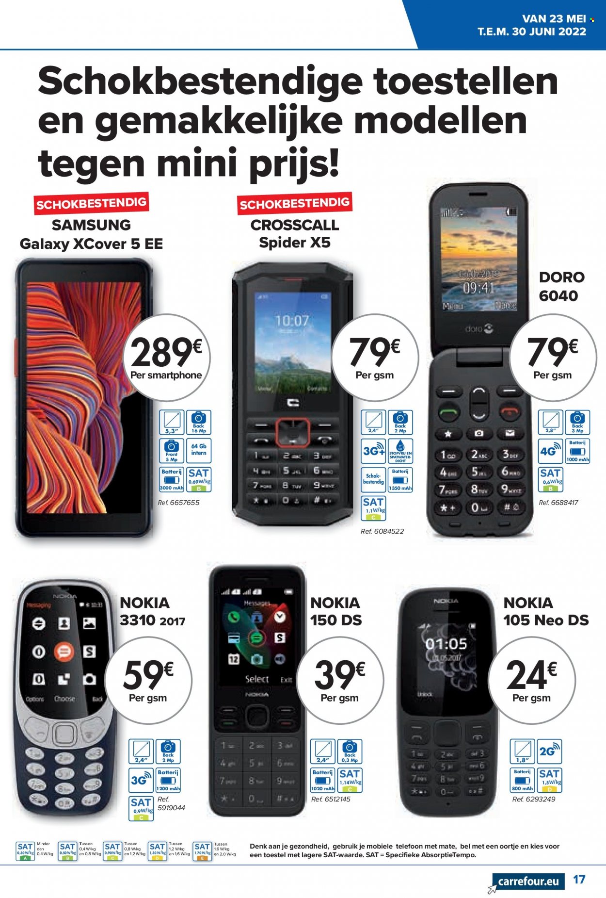thumbnail - Carrefour hypermarkt-aanbieding - 23/05/2022 - 30/06/2022 -  producten in de aanbieding - Mate, Samsung, Nokia, smartphone, telefoon, mobiele telefoon. Pagina 17.