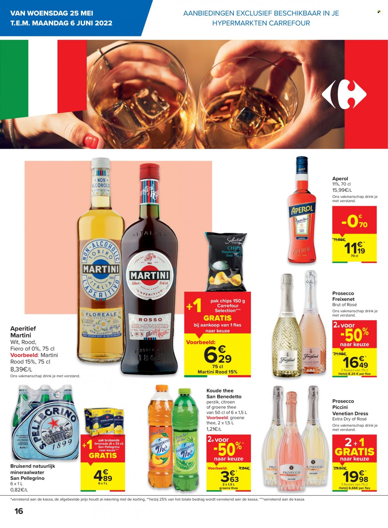 thumbnail - Carrefour hypermarkt-aanbieding - 24/05/2022 - 30/05/2022 -  producten in de aanbieding - citroen, perzik, chips, mineraalwater, prosecco, Aperol, Martini. Pagina 16.