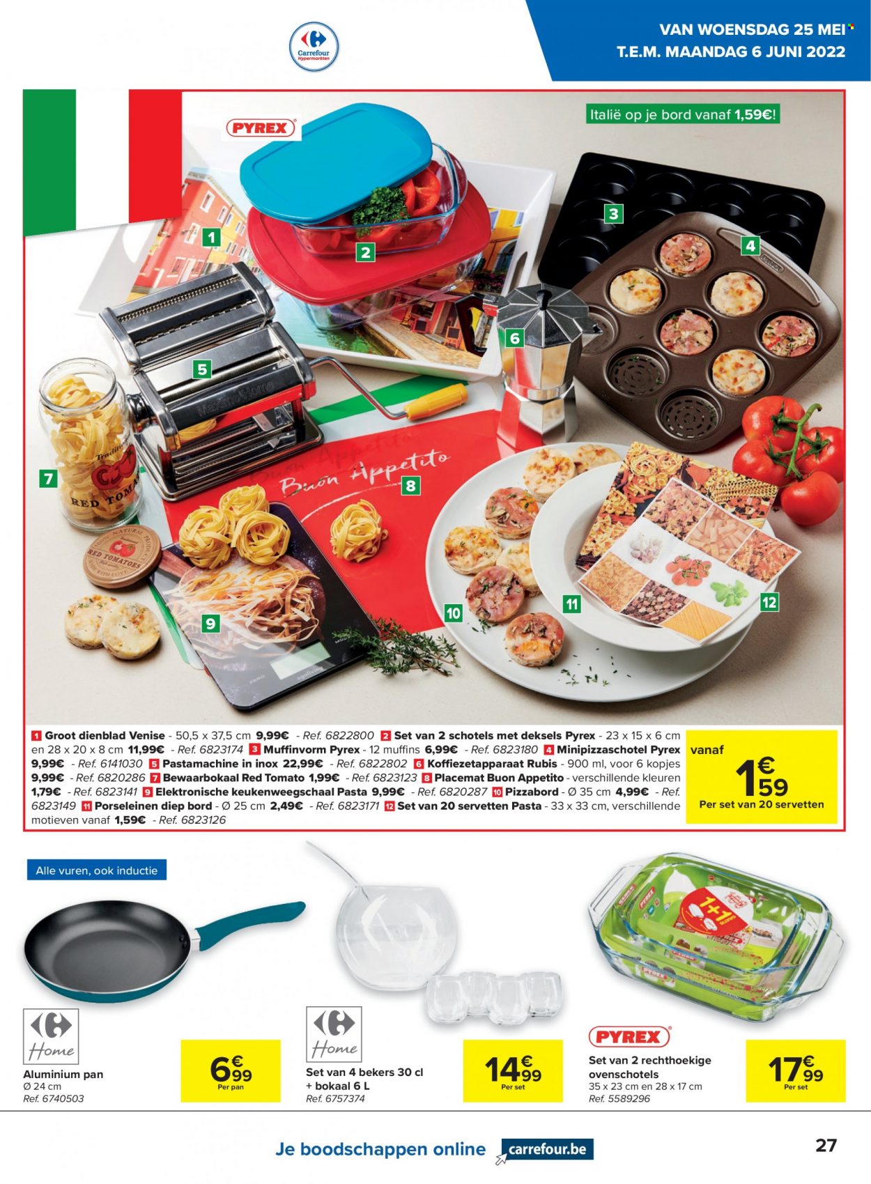 thumbnail - Carrefour hypermarkt-aanbieding - 24/05/2022 - 30/05/2022 -  producten in de aanbieding - muffins, pasta, keukenweegschaal, pan, koffiemachine. Pagina 27.