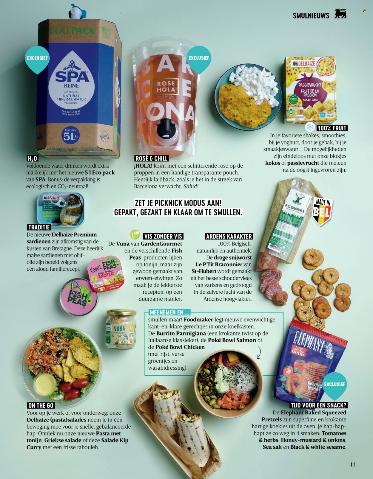 thumbnail - Delhaize-aanbieding -  producten in de aanbieding - pretzels, gebak, passievrucht, tonijn, yoghurt, koekjes, pasta, rijst, curry. Pagina 11.
