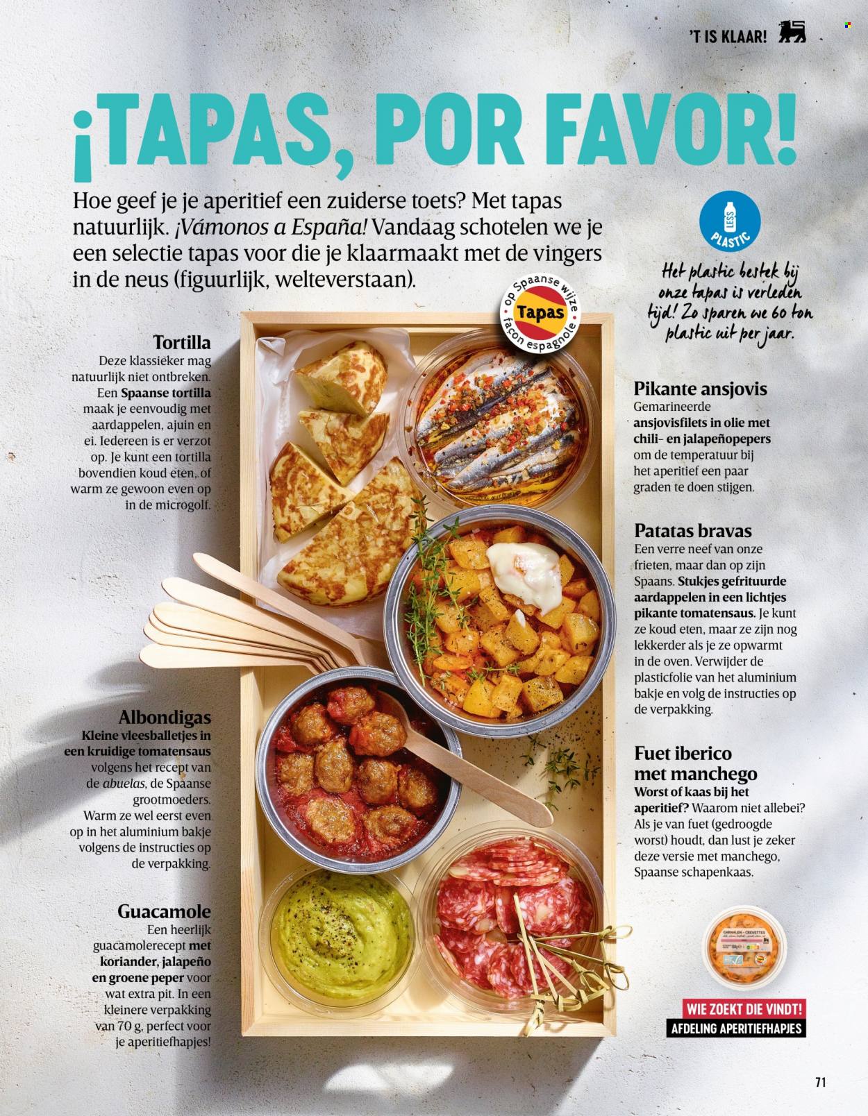 thumbnail - Delhaize-aanbieding -  producten in de aanbieding - tortillas, aardappelen, tapas, aperitiefhapjes, kaas, Manchego, ei, tomatensaus, koriander, bestekset. Pagina 71.