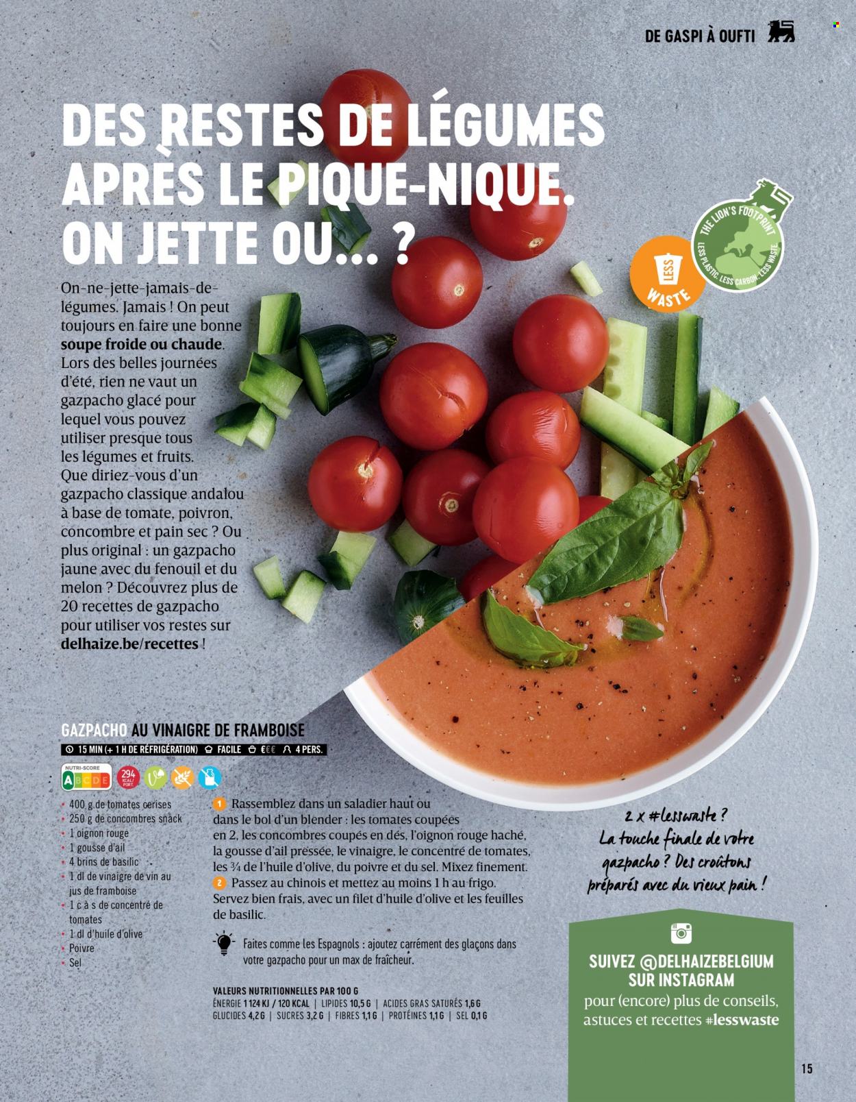 thumbnail - Catalogue Delhaize - Produits soldés - oignons, poivrons, tomates cerises, pain, gazpacho, glace, fenouil, saladier. Page 15.