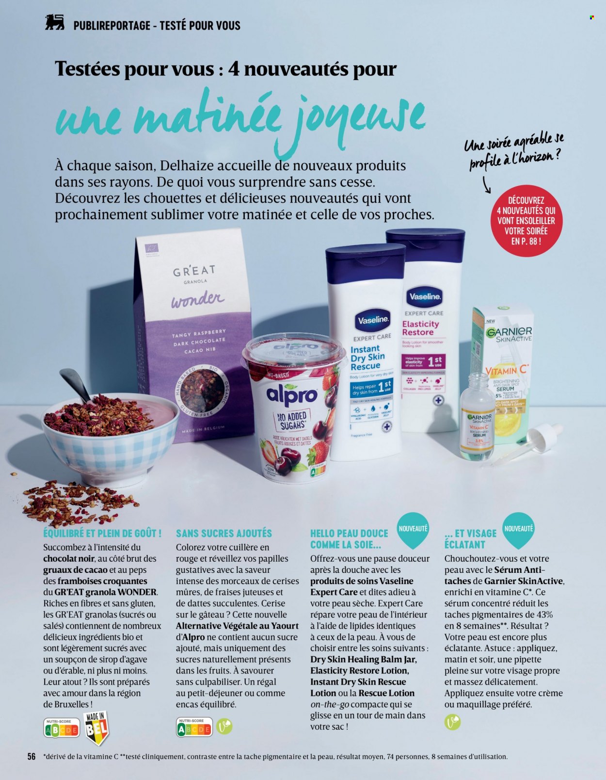 thumbnail - Catalogue Delhaize - Produits soldés - Garnier, yaourt, Alpro, sucre, datte, granola. Page 56.