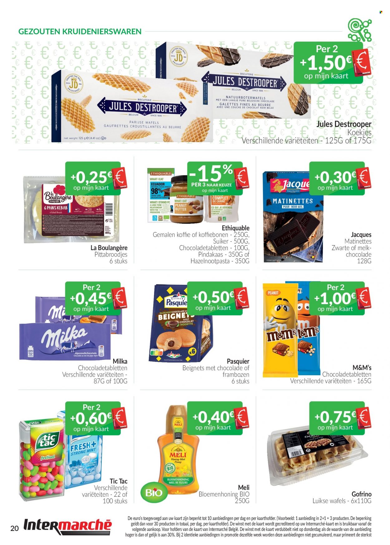 thumbnail - Intermarché-aanbieding - 01/06/2022 - 30/06/2022 -  producten in de aanbieding - frambozen, Milka, chocolade, koekjes, melkchocolade, M&M's, suiker, bloemenhoning, pindakaas, koffie. Pagina 20.