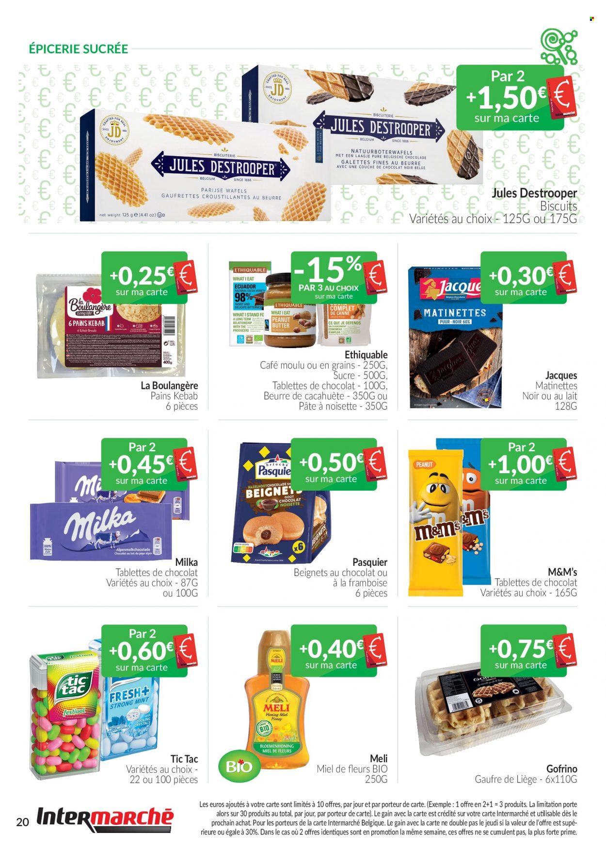 thumbnail - Catalogue Intermarché - 01/06/2022 - 30/06/2022 - Produits soldés - beignets, Milka, biscuits, sucre, beurre de cacahuète, miel, café, M&M's. Page 20.