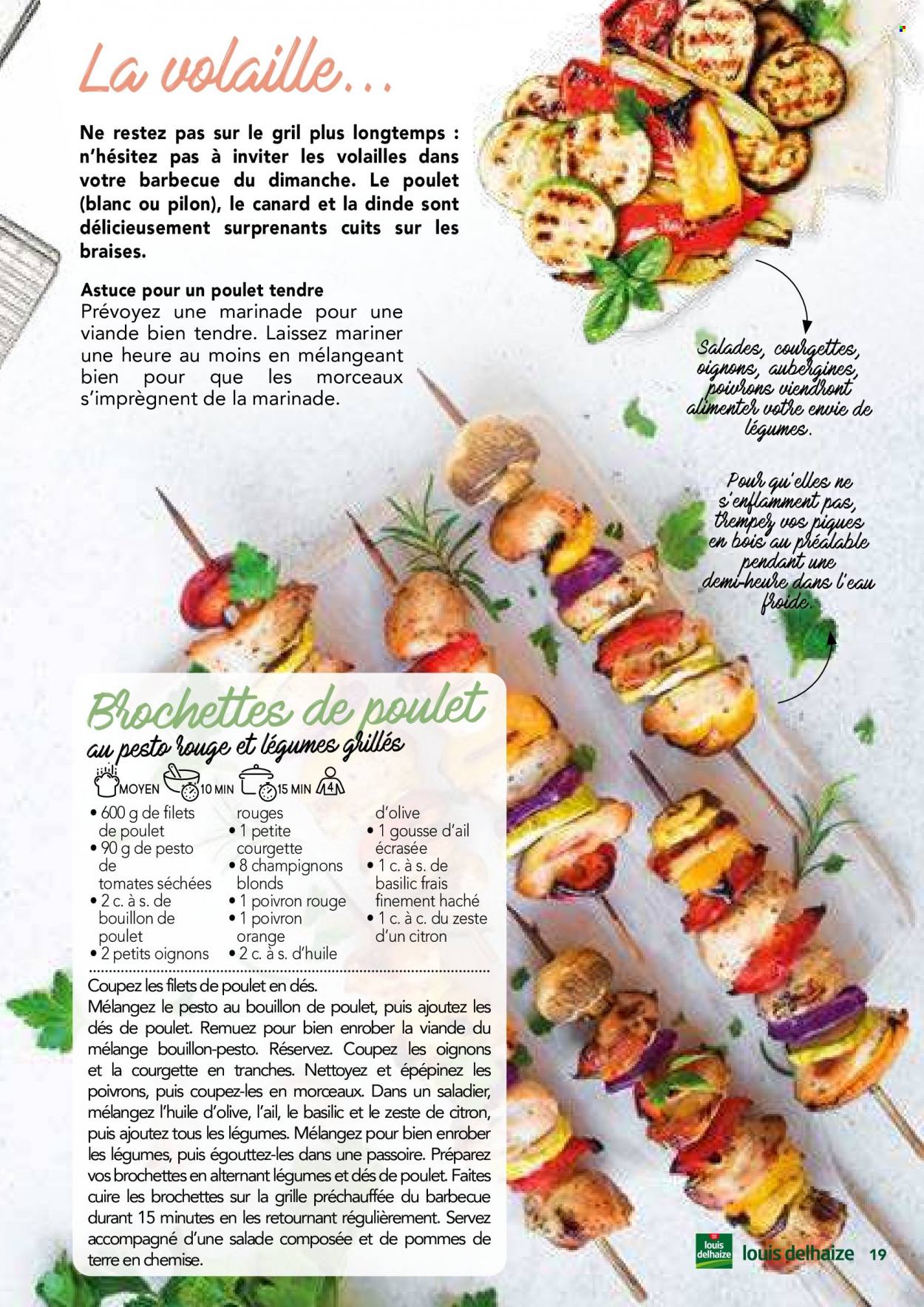 thumbnail - Catalogue Louis Delhaize - Produits soldés - salade, aubergine, courgette, oignons, champignon, filet de poulet, viande de poulet, viande de canard, yaourt, bouillon, tomates séchées. Page 19.