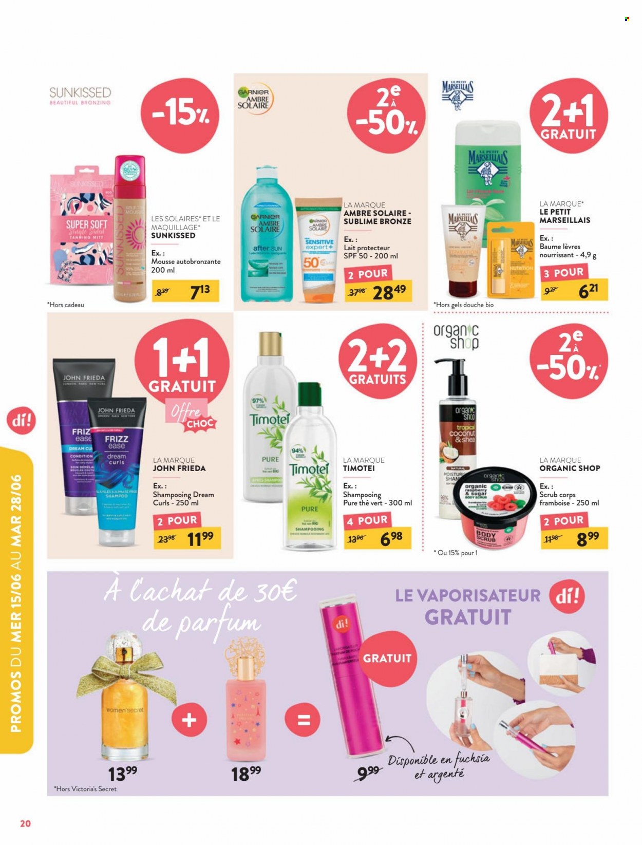 thumbnail - Catalogue Di - 01/06/2022 - 28/06/2022 - Produits soldés - baume lèvres, Garnier, shampooing, Le Petit Marseillais, Timotei. Page 20.