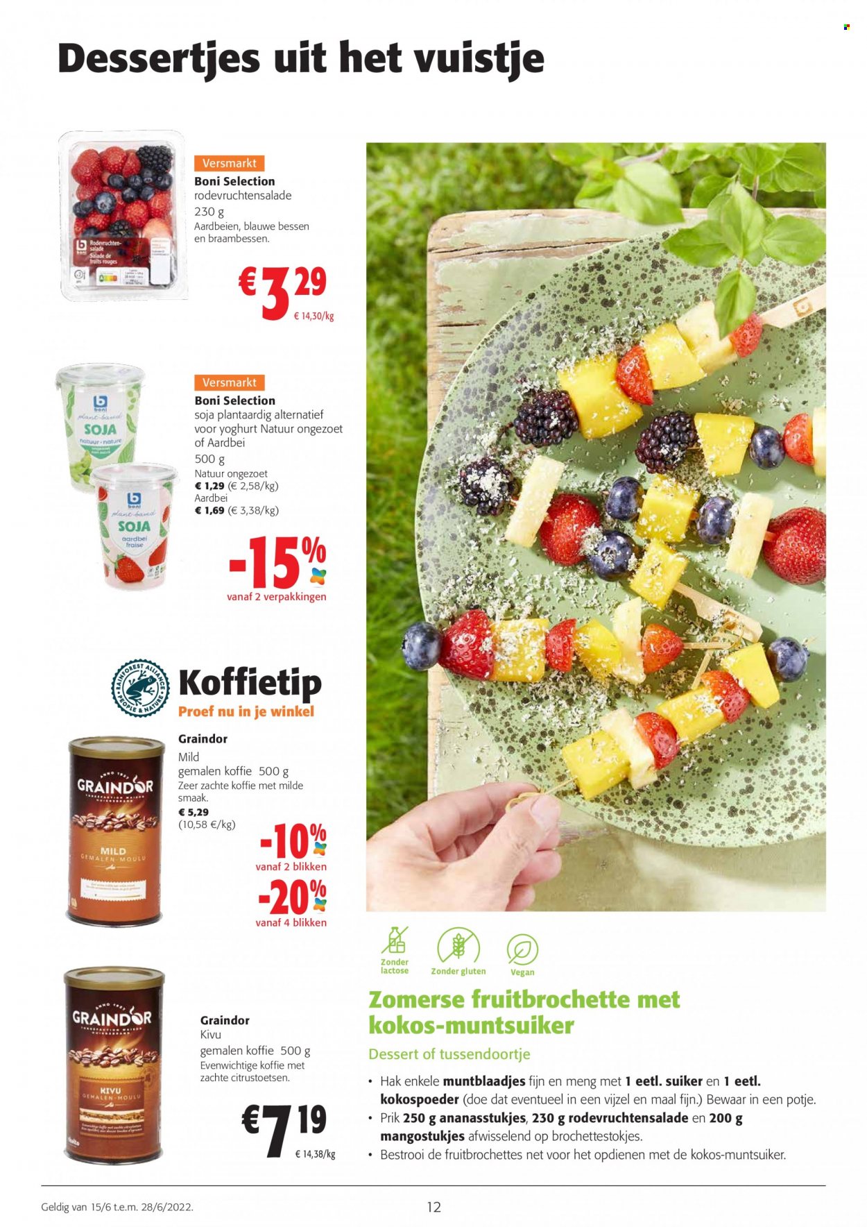 thumbnail - Colruyt-aanbieding - 15/06/2022 - 28/06/2022 -  producten in de aanbieding - aardbeien, bessen, bosbessen, yoghurt, plantaardig alternatief voor yoghurt, koffie, vijzel, potje. Pagina 12.