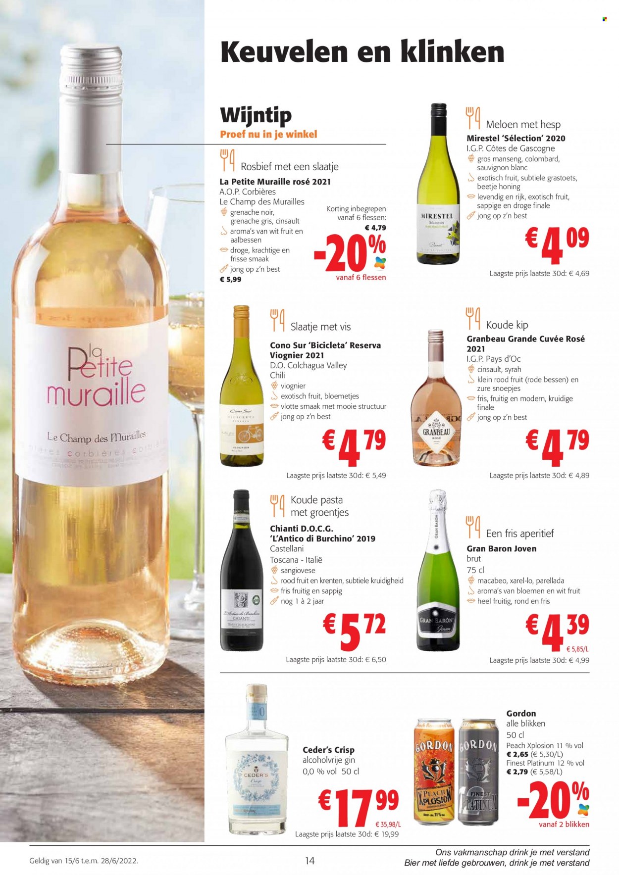 thumbnail - Catalogue Colruyt - 15/06/2022 - 28/06/2022 - Produits soldés - Côtes de Gascogne, vin blanc, vin, Corbières, alcool, Cabernet Sauvignon, gin, Sauvignon Blanc. Page 14.