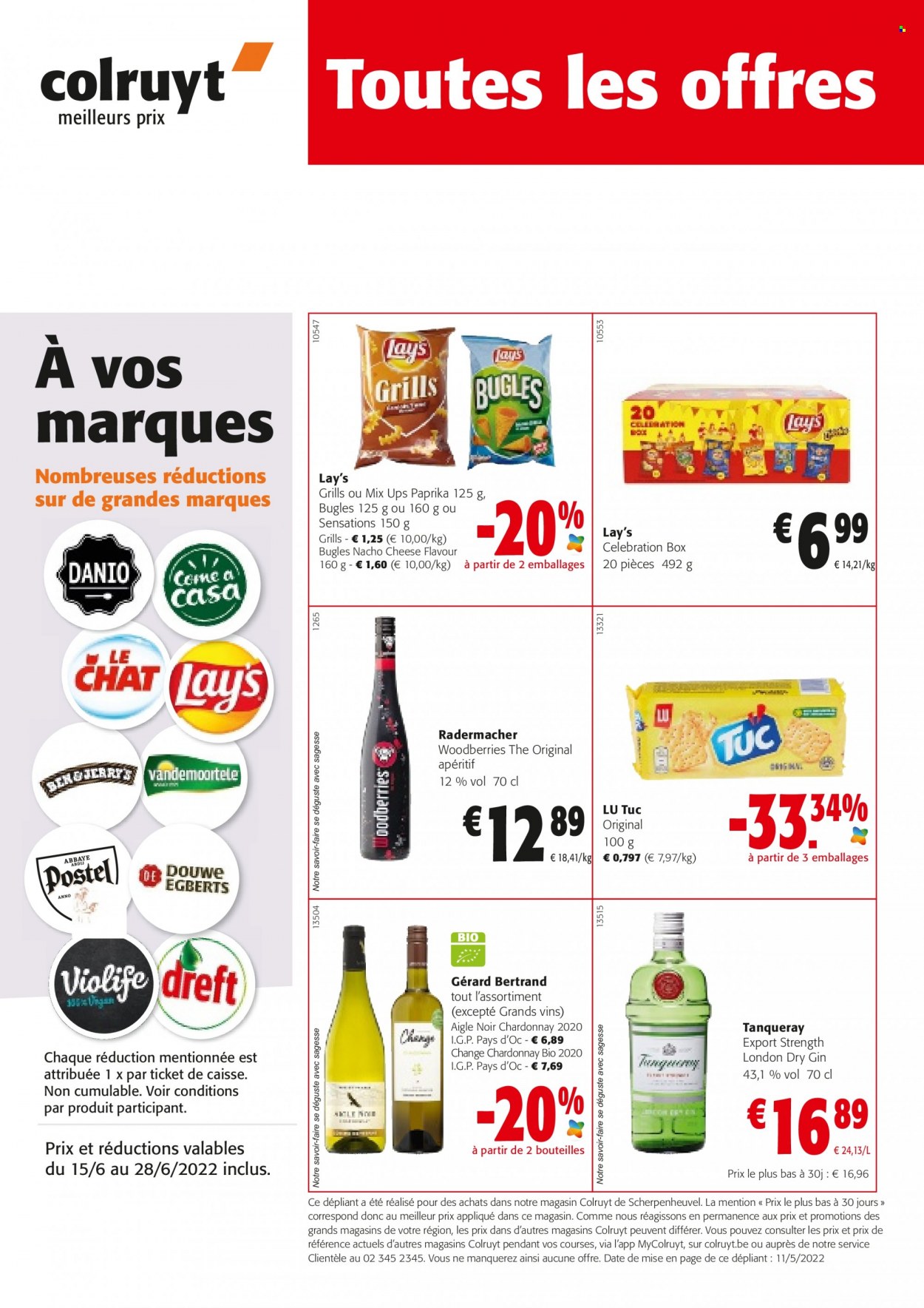 thumbnail - Catalogue Colruyt - 15/06/2022 - 28/06/2022 - Produits soldés - LU, chips, Lay’s, TUC, nacho, vin, gin, apéritif. Page 1.