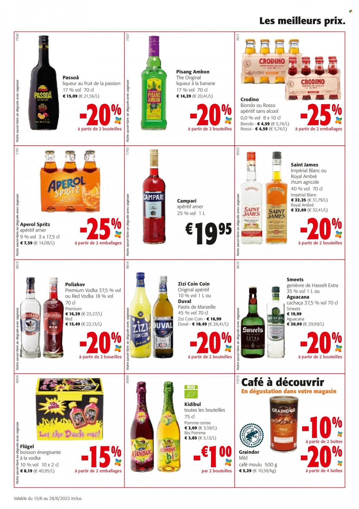 thumbnail - Colruyt-aanbieding - 15/06/2022 - 28/06/2022 -  producten in de aanbieding - Crodino, rum, Aperol, liqueur, Pastis, vodka, Campari, Pisang Ambon. Pagina 4.