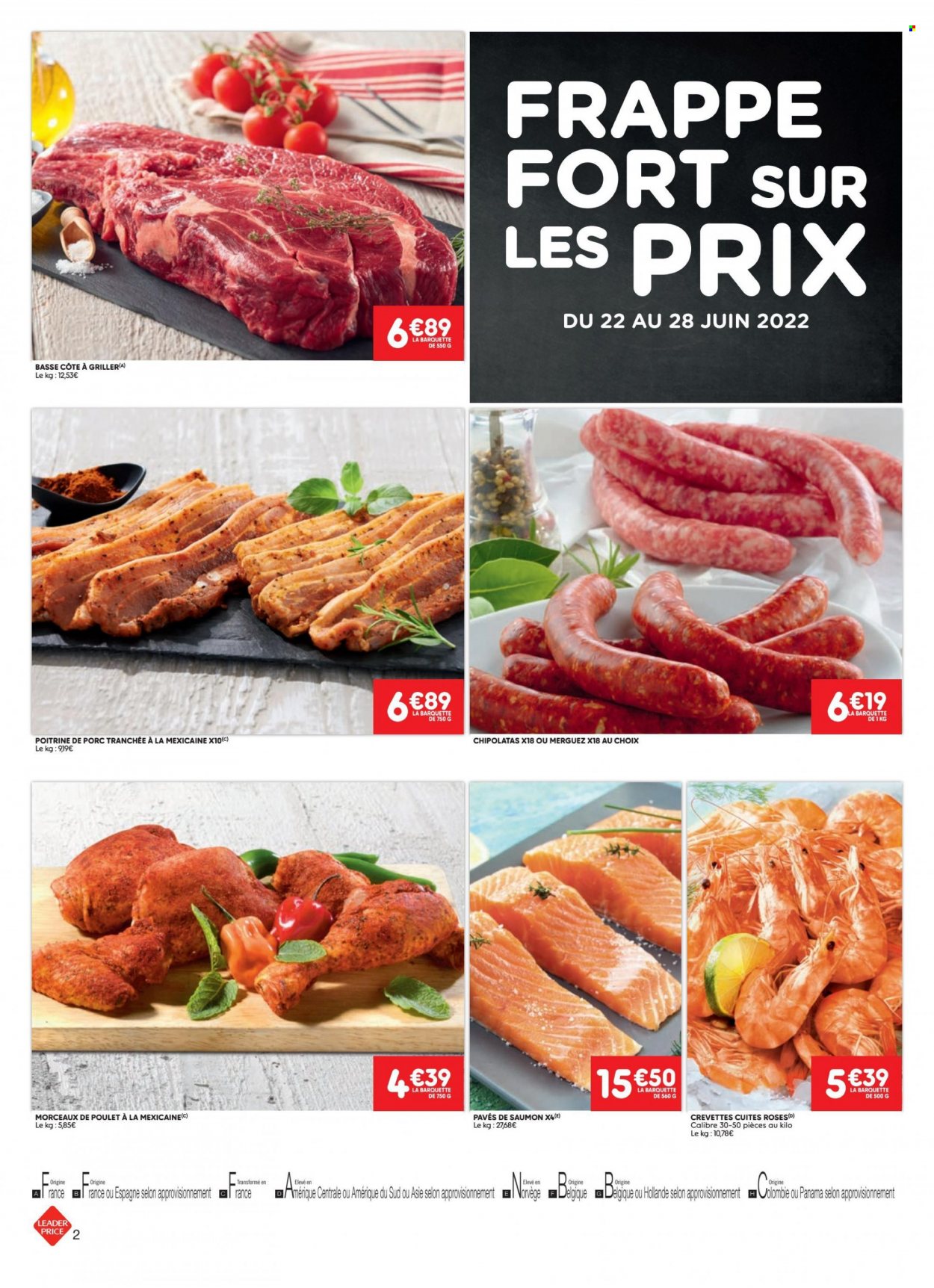 thumbnail - Catalogue Leader Price - 22/06/2022 - 28/06/2022 - Produits soldés - poitrine de porc, viande de porc, côte à griller, saumon, crevettes, pavés de saumon, merguez, chipolata. Page 2.