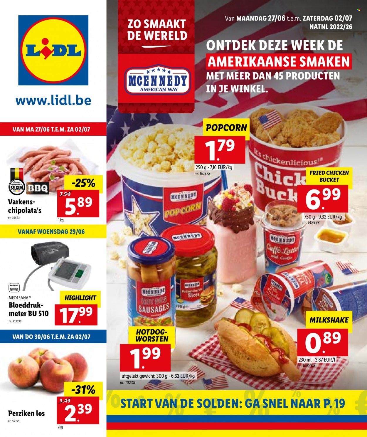 thumbnail - Lidl-aanbieding - 27/06/2022 - 02/07/2022 -  producten in de aanbieding - hot dogs, chipolataworstjes, popcorn, BBQ. Pagina 1.
