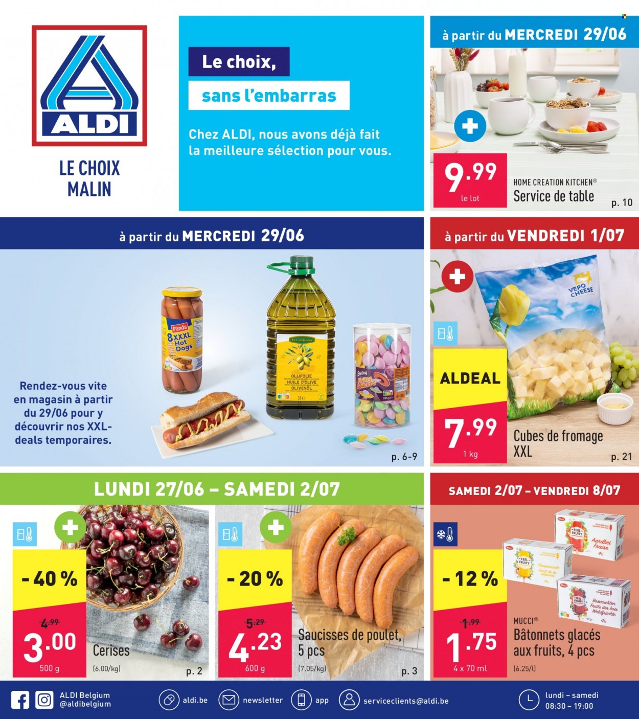 thumbnail - Catalogue ALDI - 27/06/2022 - 02/07/2022 - Produits soldés - cerises, saucisse, huile, huile d'olive. Page 1.