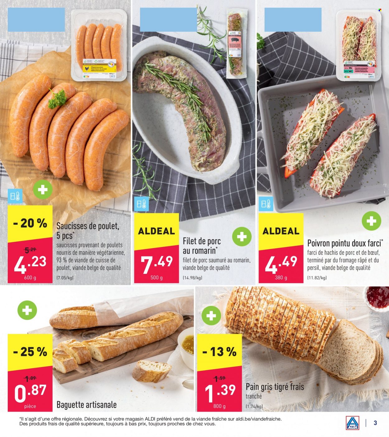 thumbnail - Catalogue ALDI - 27/06/2022 - 02/07/2022 - Produits soldés - poivrons, baguette, pain, viande de poulet, cuisse de poulet, saucisse, fromage, fromage râpé. Page 3.