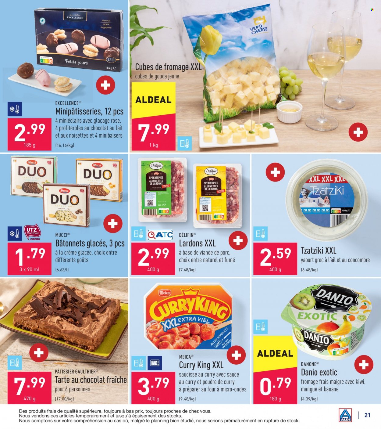 thumbnail - Catalogue ALDI - 27/06/2022 - 02/07/2022 - Produits soldés - kiwi, bananes, tarte, profiteroles, lardons, saucisse, tzatziki, fromage frais, yaourt, Danone, glace. Page 21.