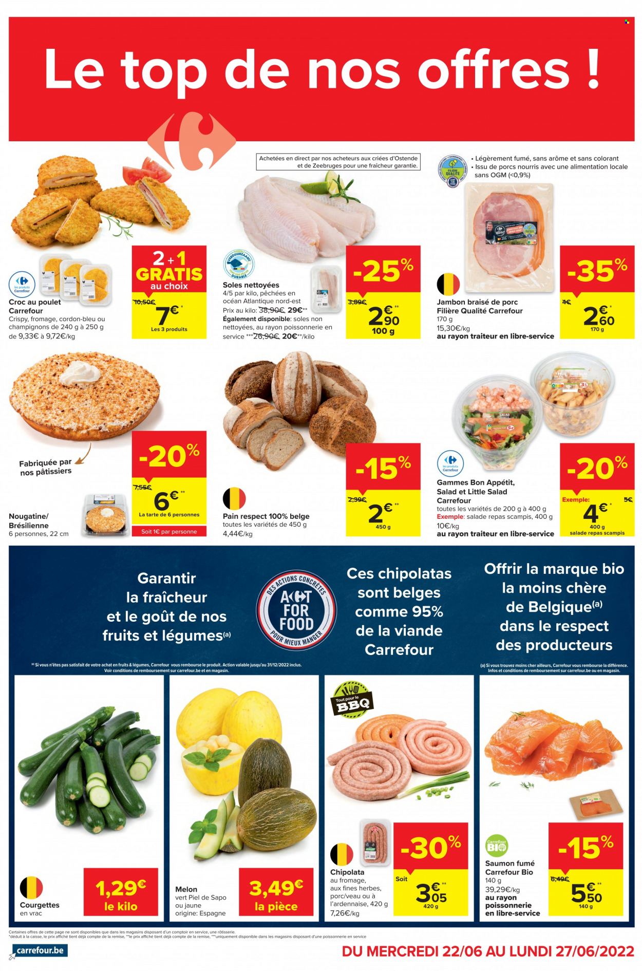 thumbnail - Catalogue Carrefour - 22/06/2022 - 27/06/2022 - Produits soldés - salade, courgette, melon, tarte, pain, viande de veau, chipolata, saumon fumé. Page 2.