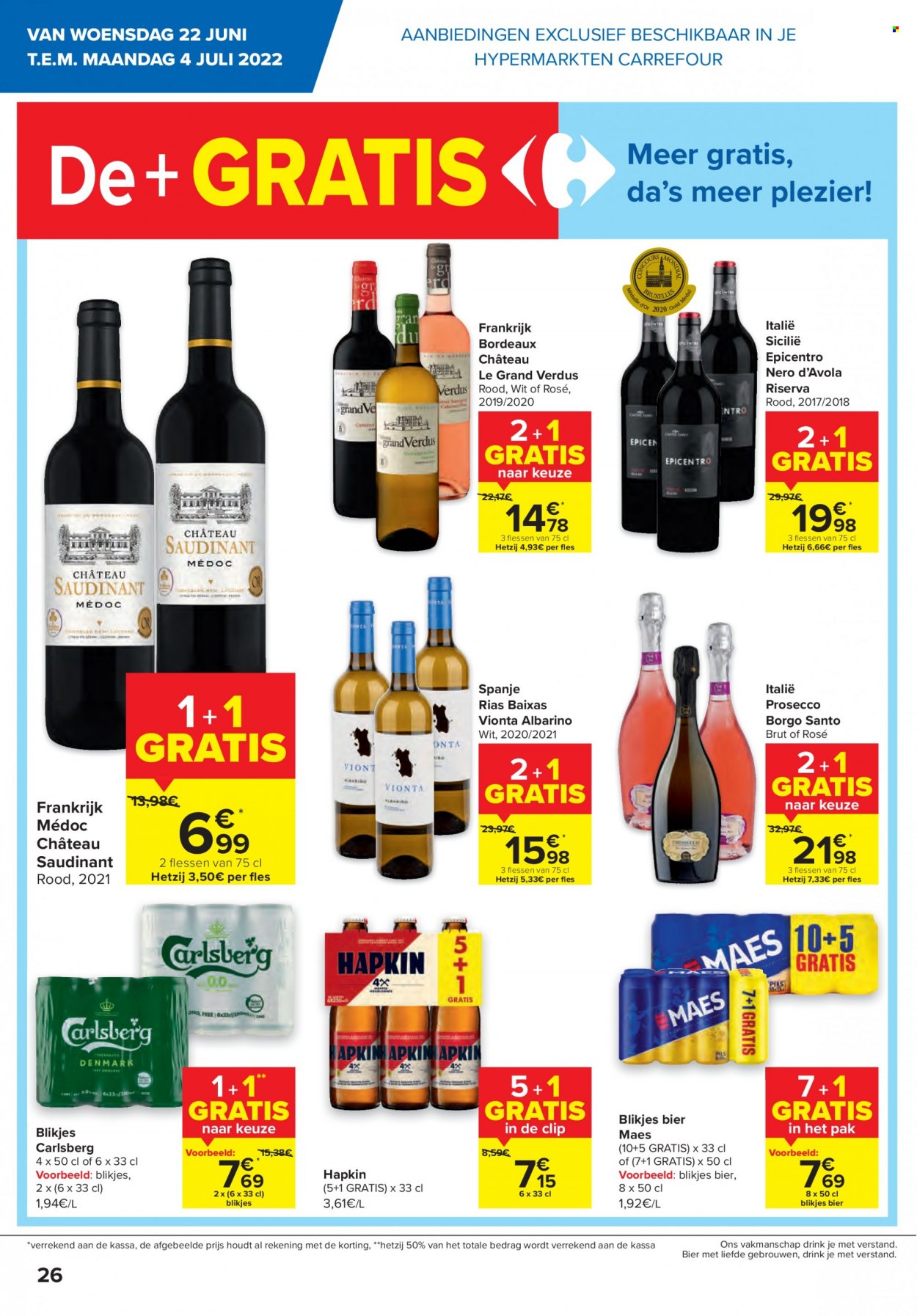 thumbnail - Catalogue Carrefour hypermarkt - 22/06/2022 - 04/07/2022 - Produits soldés - vin rouge, Bordeaux, alcool, Prosecco. Page 26.
