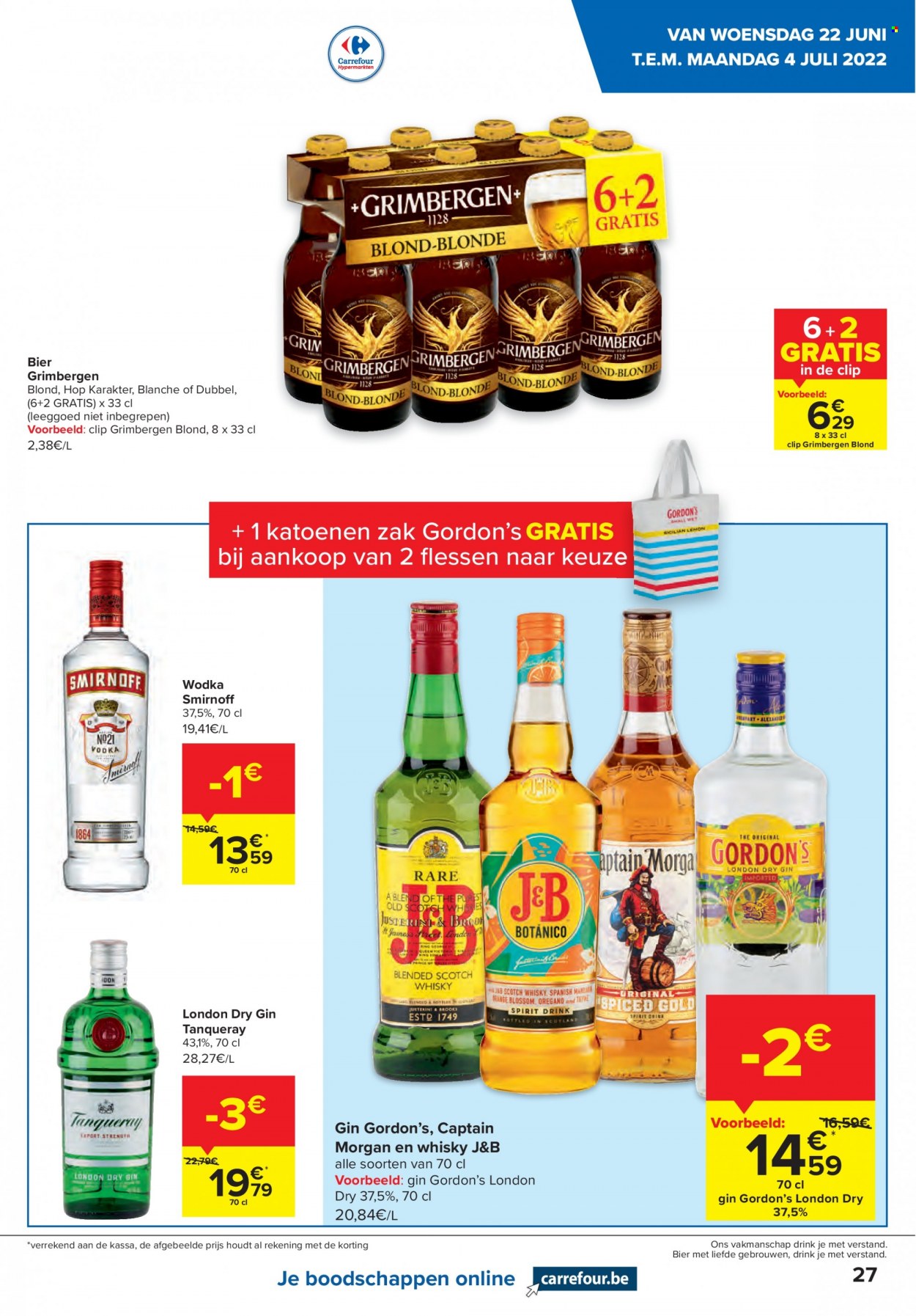 thumbnail - Catalogue Carrefour hypermarkt - 22/06/2022 - 04/07/2022 - Produits soldés - alcool, Captain Morgan, gin, vodka, J&B, Smirnoff, bière, Grimbergen, whisky. Page 27.