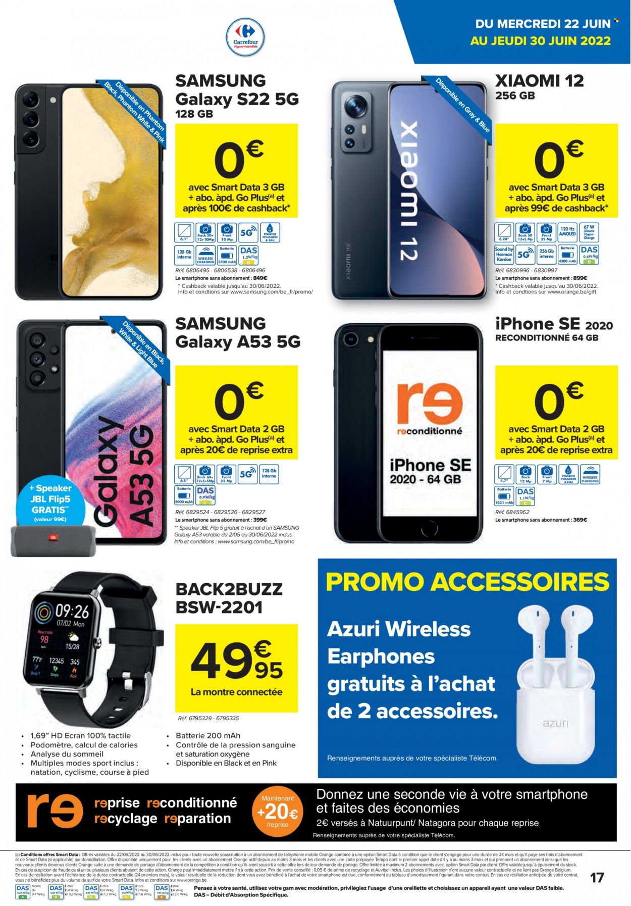 thumbnail - Carrefour hypermarkt-aanbieding - 22/06/2022 - 04/07/2022 -  producten in de aanbieding - Samsung, smartphone, iPhone, iPhone SE, JBL, surfboard, Santé. Pagina 17.
