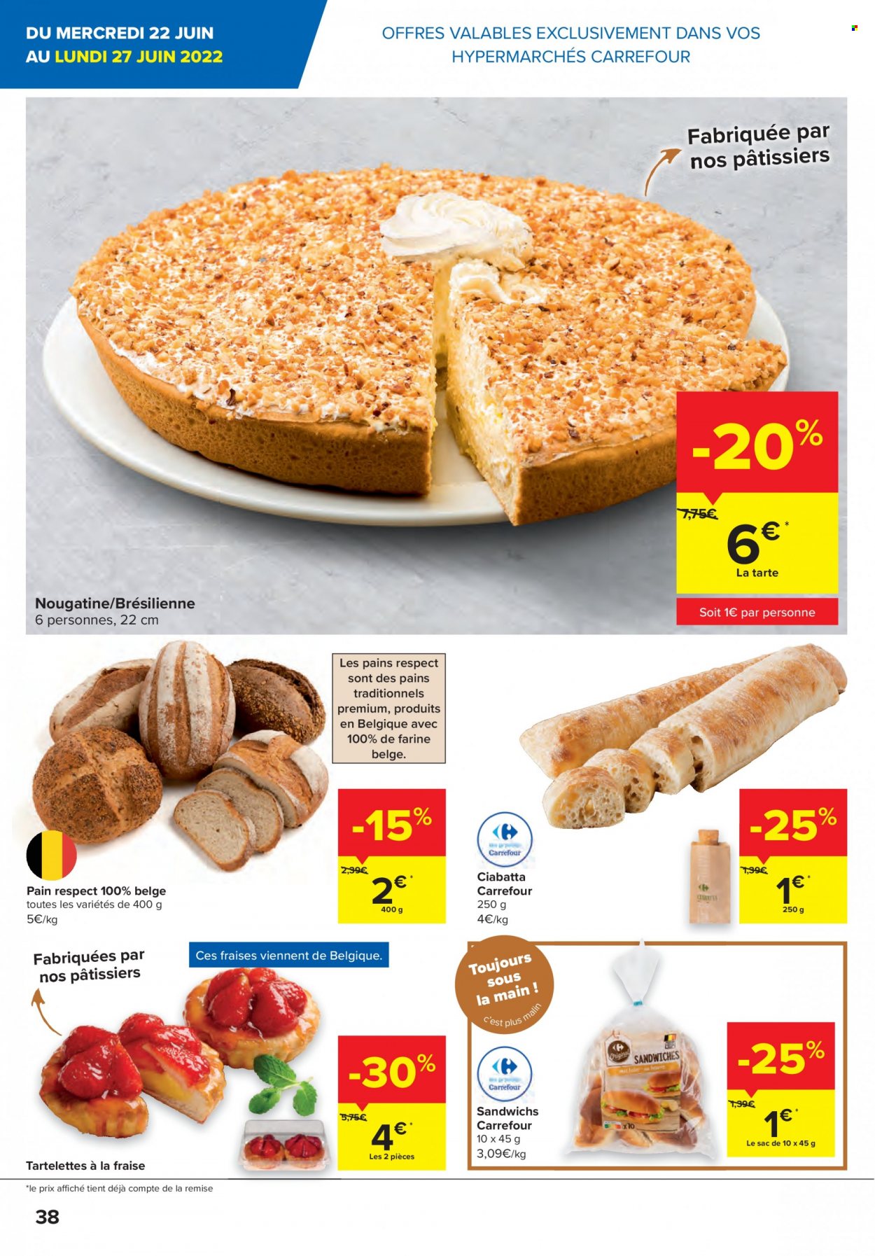 thumbnail - Catalogue Carrefour hypermarkt - 22/06/2022 - 04/07/2022 - Produits soldés - fraises, tarte, ciabatta, pain, tartelettes, sac à main. Page 38.