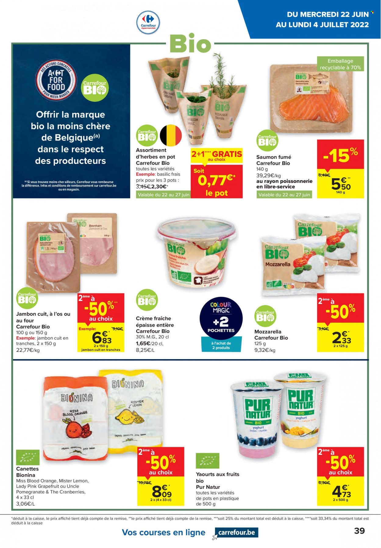 thumbnail - Catalogue Carrefour hypermarkt - 22/06/2022 - 04/07/2022 - Produits soldés - saumon, jambon, saumon fumé, fromage, mozzarella, crème fraîche. Page 39.