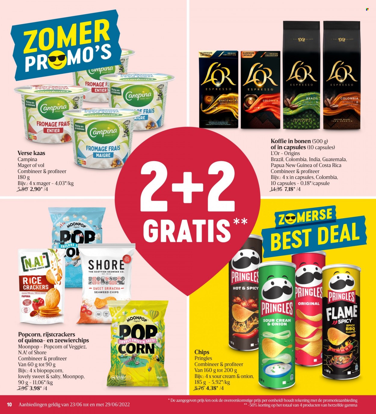 thumbnail - Delhaize-aanbieding - 23/06/2022 - 29/06/2022 -  producten in de aanbieding - kaas, Campina, popcorn, Pringles, chips, quinoa, koffie, L’or, Gamma. Pagina 10.