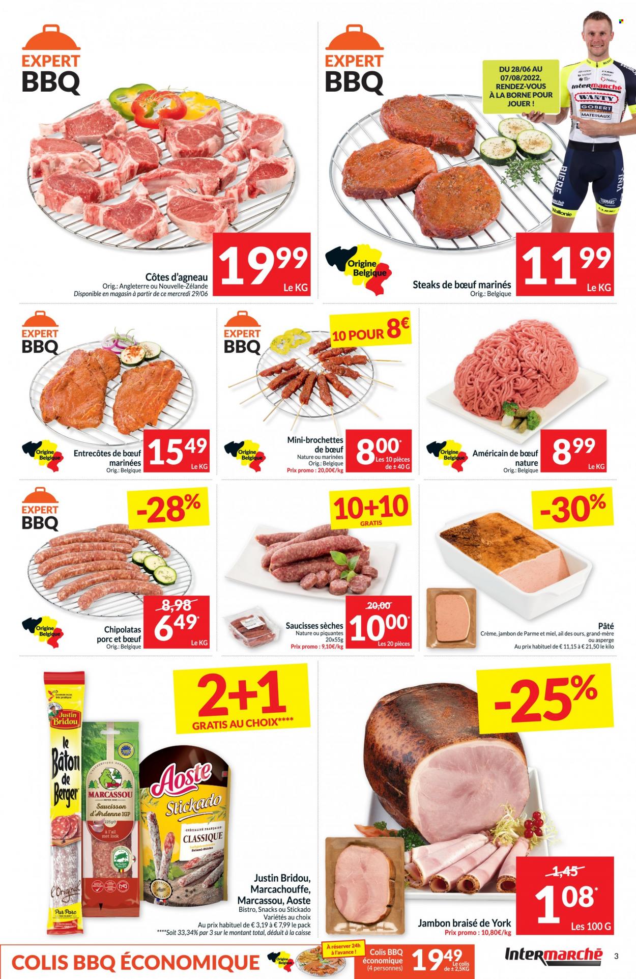 thumbnail - Intermarché-aanbieding - 28/06/2022 - 03/07/2022 -  producten in de aanbieding - steak, salami, paté, crème, BBQ. Pagina 3.