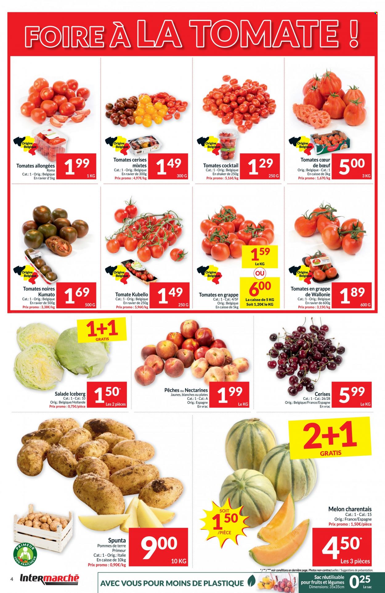 thumbnail - Catalogue Intermarché - 28/06/2022 - 03/07/2022 - Produits soldés - tomates, salade, pommes de terre, tomates cerises, iceberg, melon, nectarine, pêche, sac. Page 4.