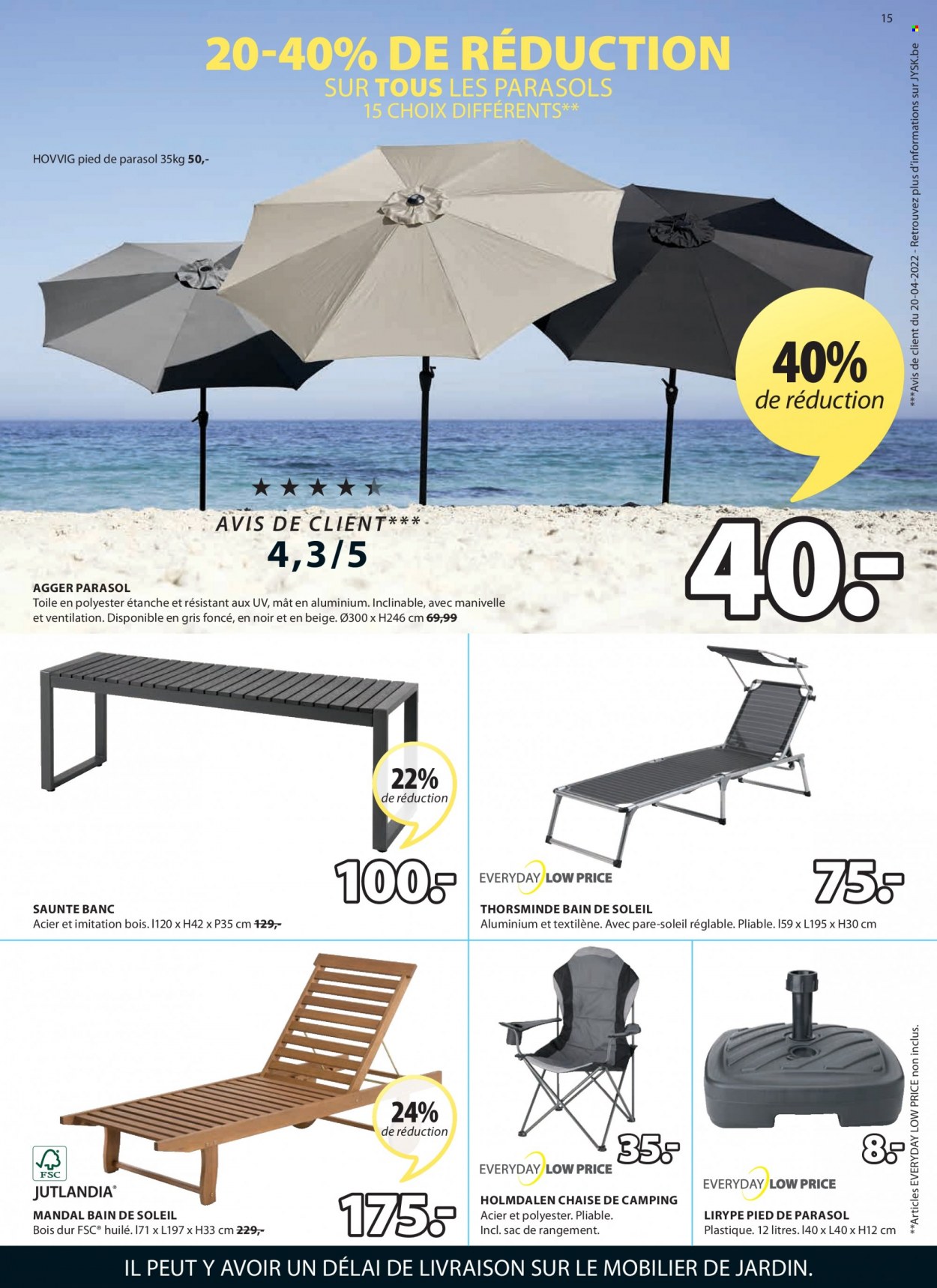 thumbnail - Catalogue JYSK - 20/06/2022 - 30/06/2022 - Produits soldés - chaise, banc, bain de soleil, chaise de camping, pied de parasol. Page 15.